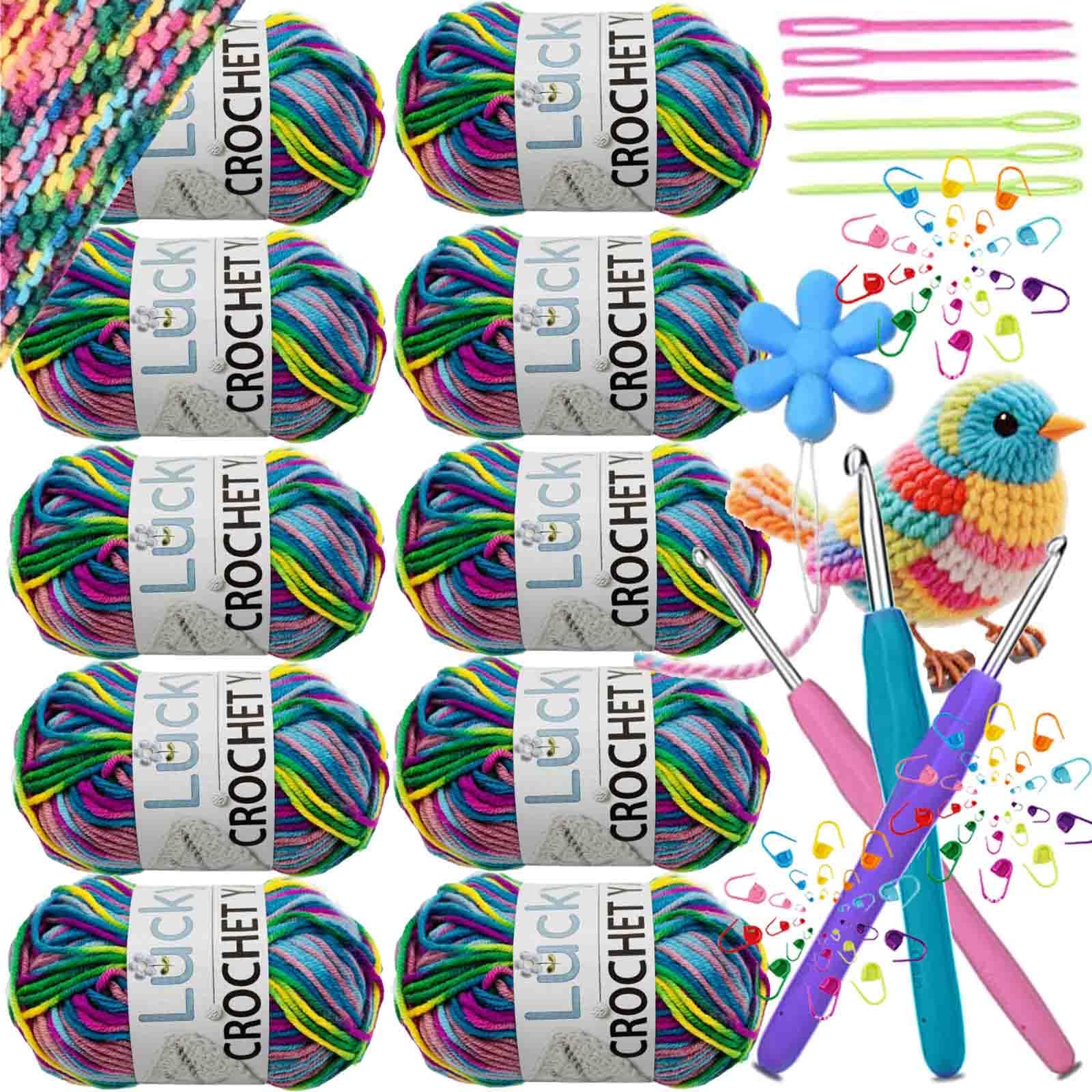 Crochet Yarn Double Knitting Wool (10X50g), Multicoloured Acrylic Yarn Crochet Wool with Aluminum Crochet Hooks Stitch Markers for DIY Amigurumi Craft Blankets Socks Dolls (02 Purple Green Yellow)