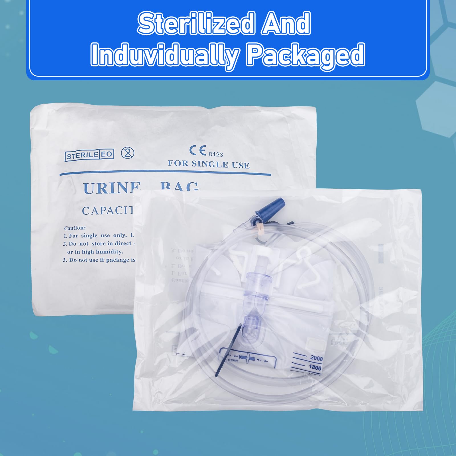 Katheterbeutel, 2000 ml Urinbeutel für Männer, Harnablaufbeutel mit verbesserter Anti-Reflux-Kammer, 121,9 cm verdickter Drainagerohr, verstellbare Clips und Haken zum Aufhängen, 5 Stück