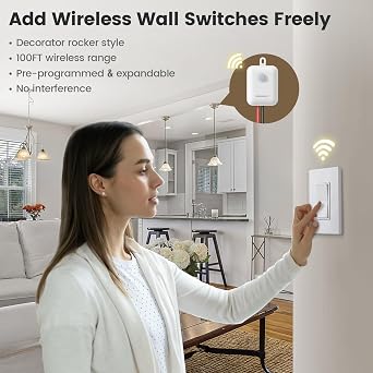 Wireless Light Switch Receiver Kit, No Neutral Wire for Old Homes | Upgraded Antenna for Metal Box Signal Boost, 100FT Interference-Free Range, 2A 100W LED Decorator Rocker Remote Wall Switch