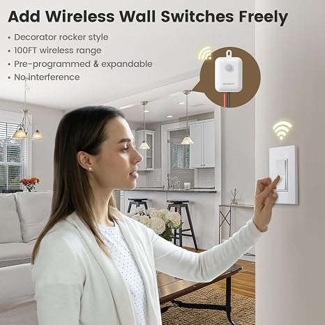 Wireless Light Switch Receiver Kit, No Neutral Wire for Old Homes | Upgraded Antenna for Metal Box Signal Boost, 100FT Interference-Free Range, 2A 100W LED Decorator Rocker Remote Wall Switch