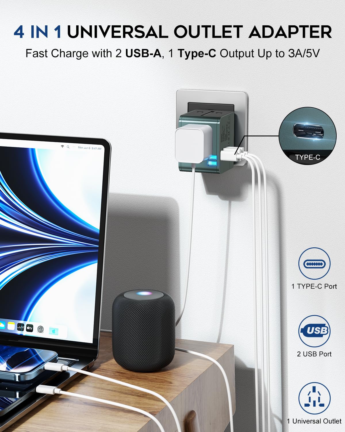 Unidapt Universal Travel Adapter, 4 in 1 International All in One Travel Charger Adapter for US, UK, Europe, AU, Worldwide Travel Adapter, Multi Adapter Plug-1 PD, 2 USB+Type C Port — Amazon image 3