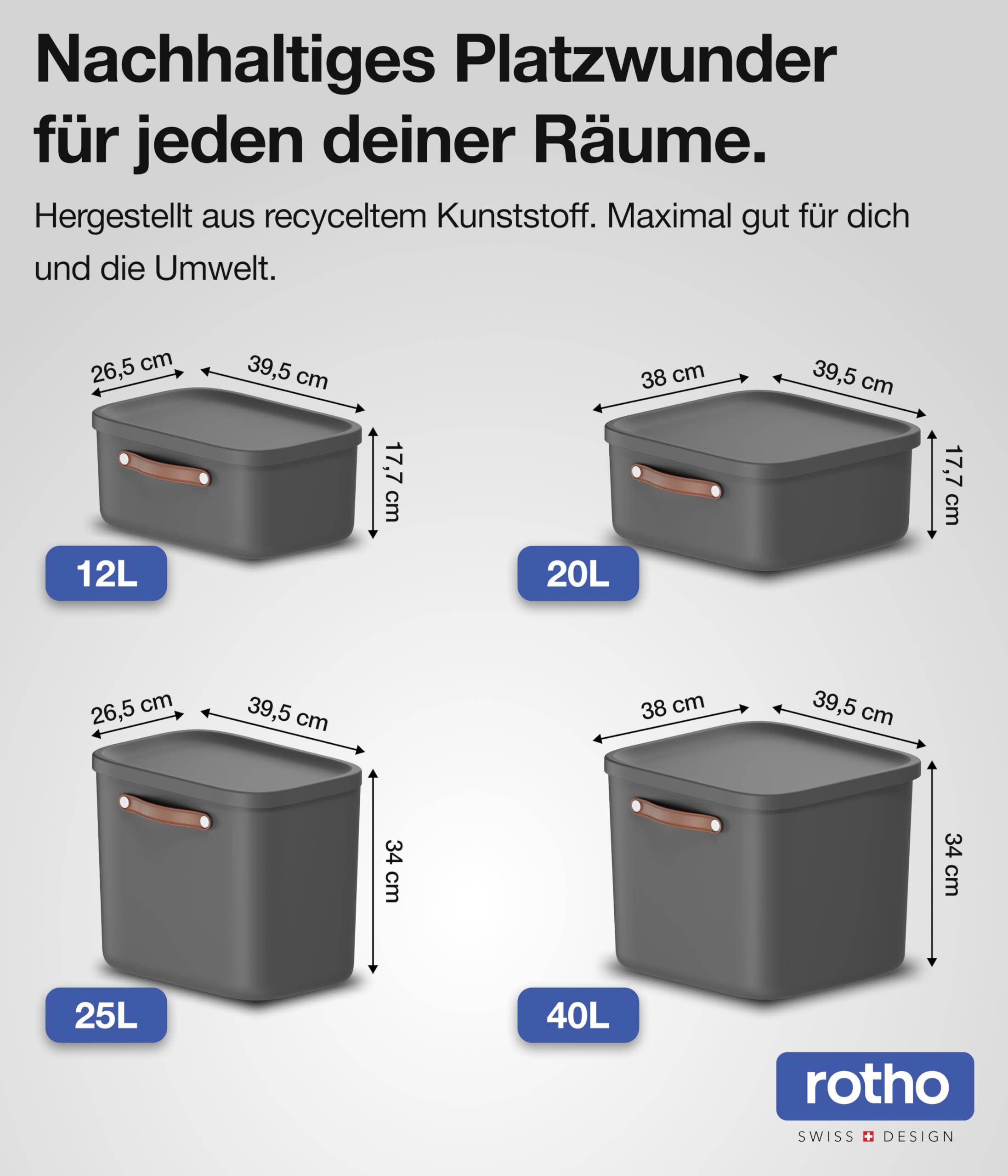 Rotho Maloja Aufbewahrungsbox mit Deckel 3er-Set 40 L Kunststoff Anthrazit | Aufbewahrungsboxen stapelbar, Boxen für Aufbewahrung, modular, 97 % recycelter Kunststoff, Griffe, bis 40 kg tragbar