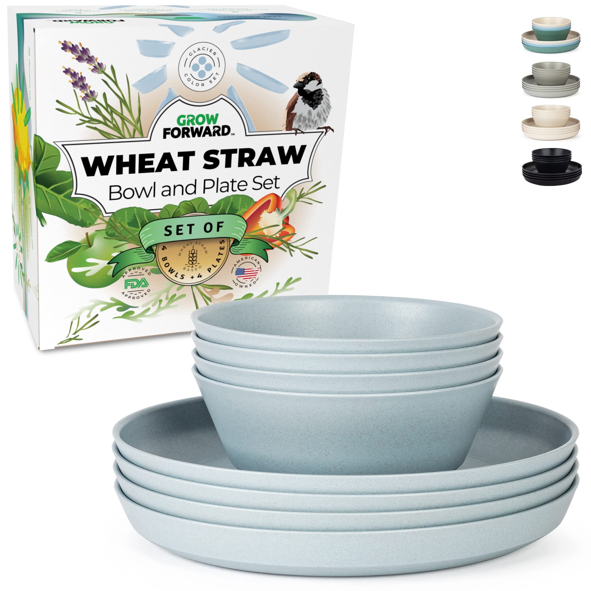 Grow Forward Premium Wheat Straw Plates and Bowls Sets - 8-Piece Wheat Straw Dinnerware Sets - Unbreakable & Reusable Microwave Safe Plastic Dinner Plates for Outdoors, RV, Camping Dishes - Glacier