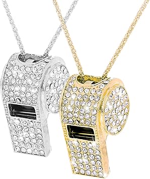 2 PCS Whistles with Keychain, Bling Crystal Rhinestone Metal Whistle Long Chain Gold Plated Shining Whistle, for Coach, Referee, Basketball, Lifeguard Gold and Silver