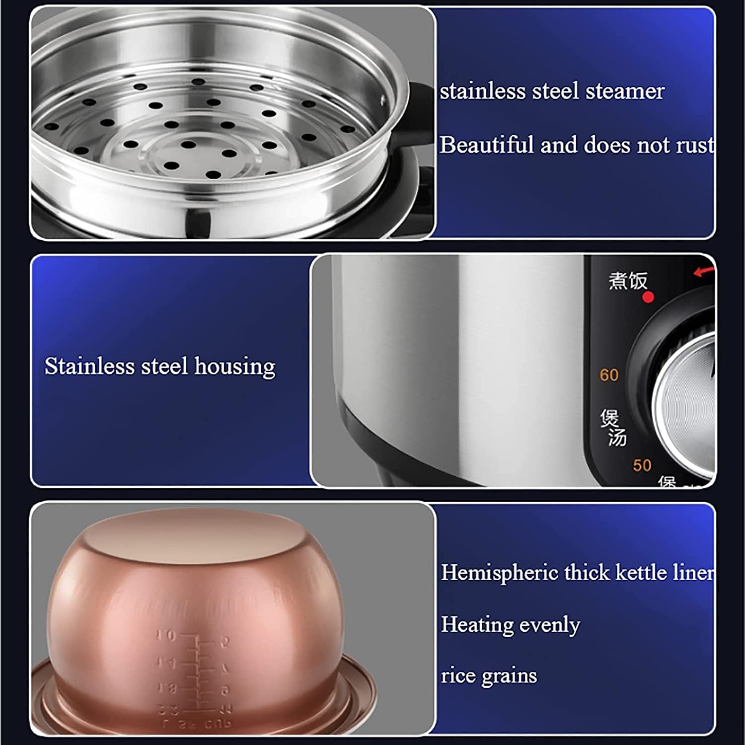 Rice Cooker with Steamer Stainless Steel Rice Cooker, Non-Stick Liner,Adjustable Temperature, for 1-11 People (3L) ()