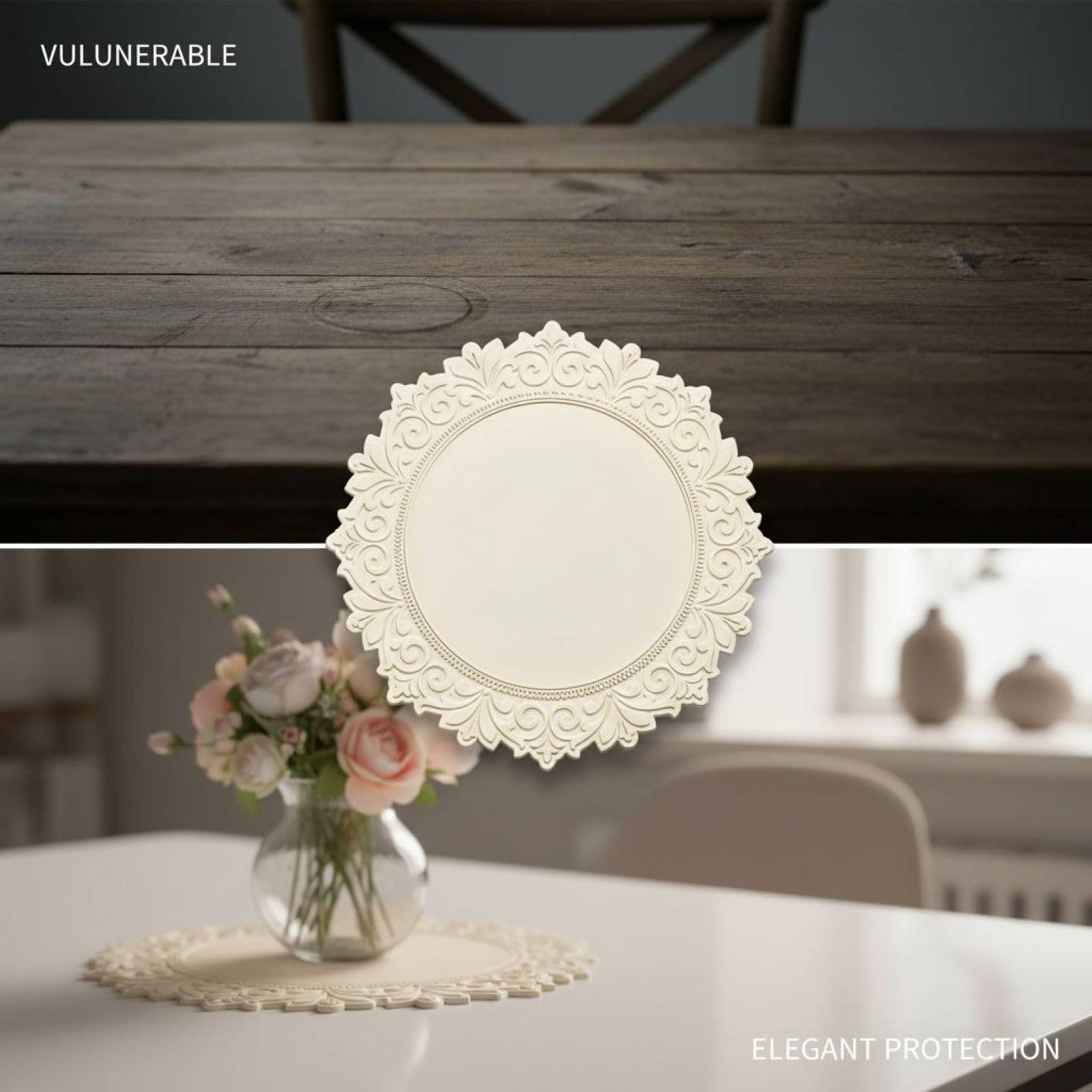 Weißes Silikon-Tischset, rund 35 cm, mit Spitzenmuster, hitzebeständige Unterlage, geprägter Rand im Barockstil, Tischschutz für Küche, Esstisch, Vasenunterlage, auch als Geschenk