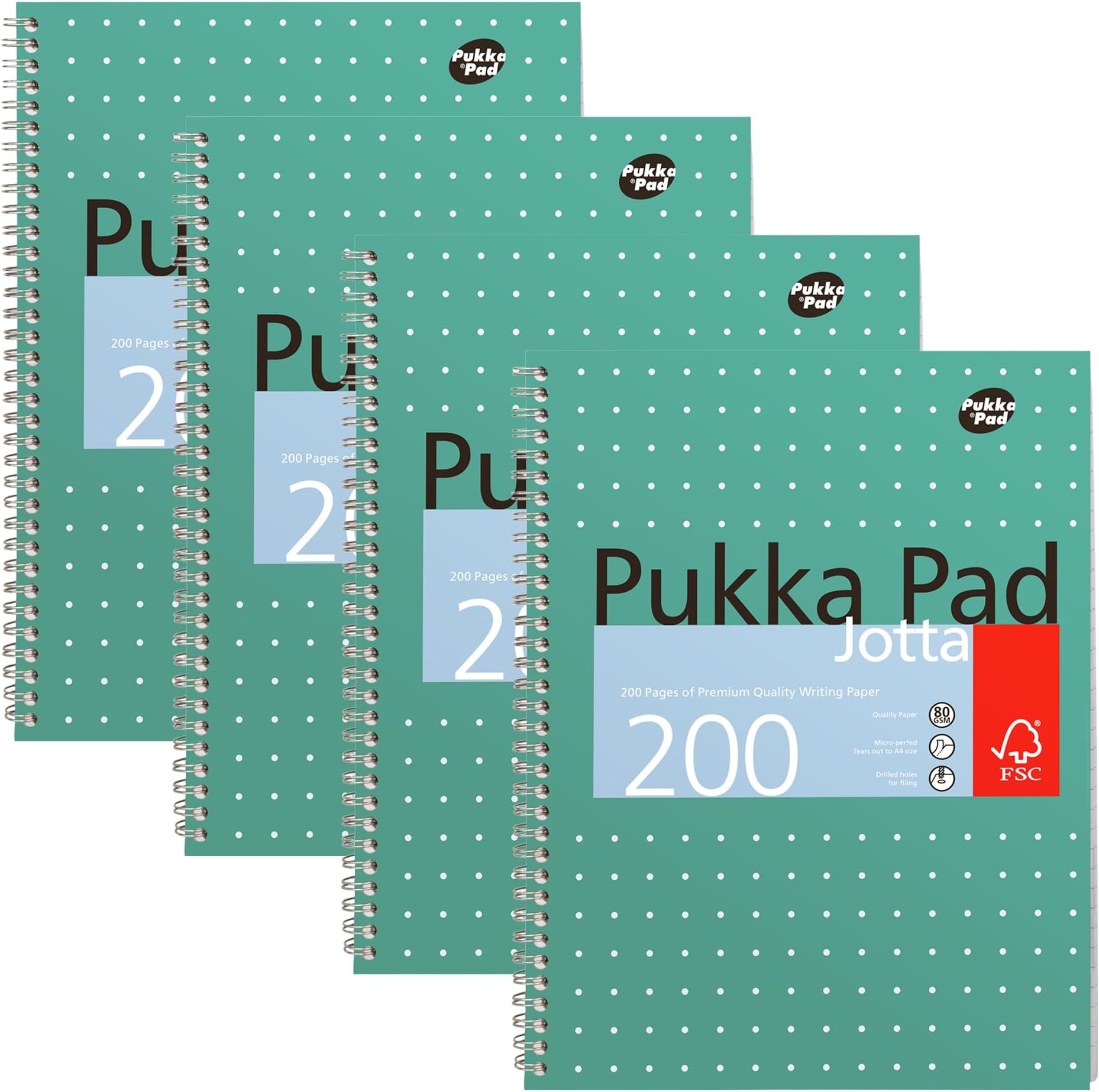 A4 Metallic Jotta Book 4 Pack โ 21 x 30cm โ Wirebound Notebook with 8mm Lines and 80GSM Paper โ Features 4-Hole Punch Margins and Perforated Edges - 200 Pages, Green