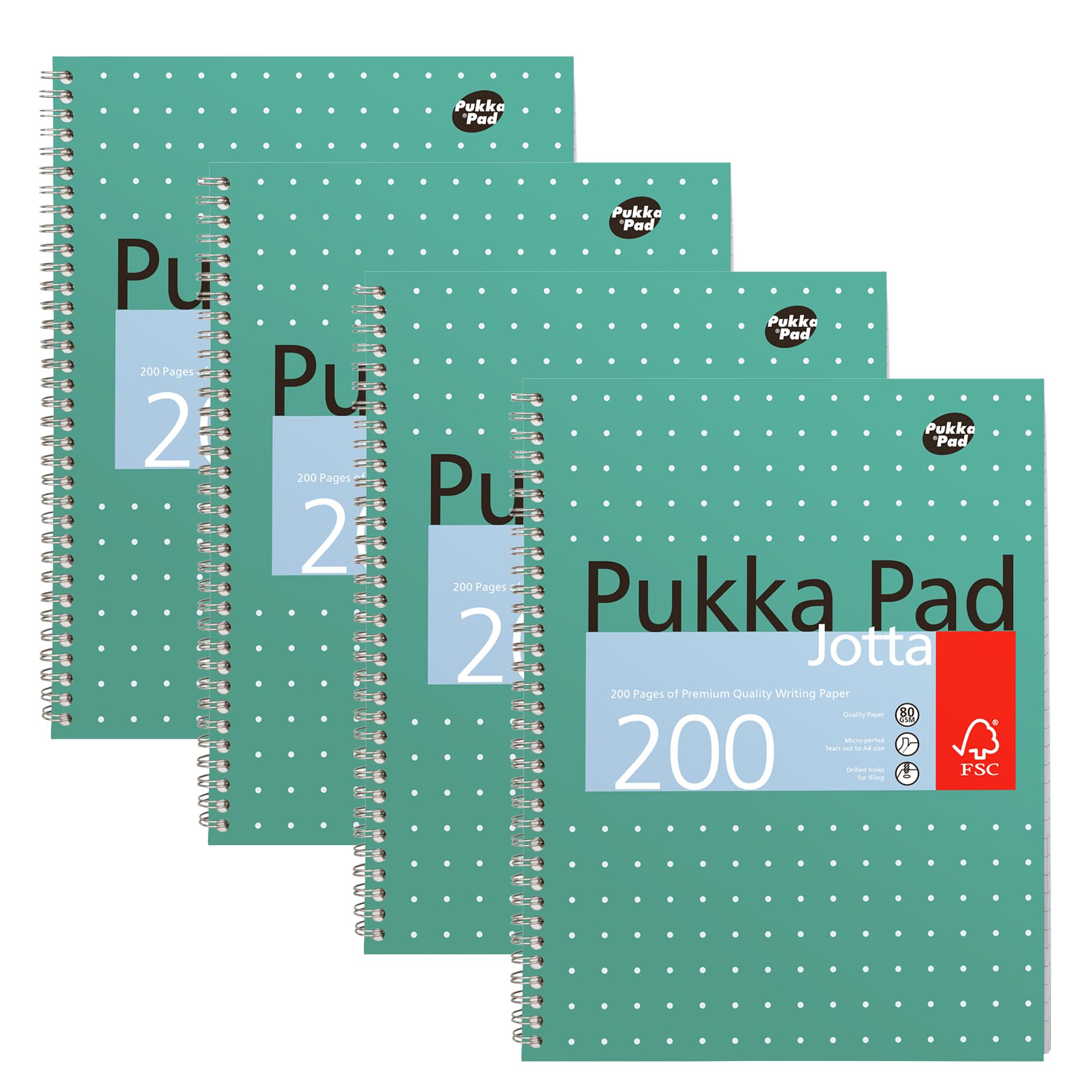 Pukka Pad, A4 Metallic Jotta Book 4 Pack – 21 x 30cm – Wirebound Notebook with 8mm Lines and 80GSM Paper – Features 4-Hole Punch Margins and Perforated Edges - 200 Pages, Green