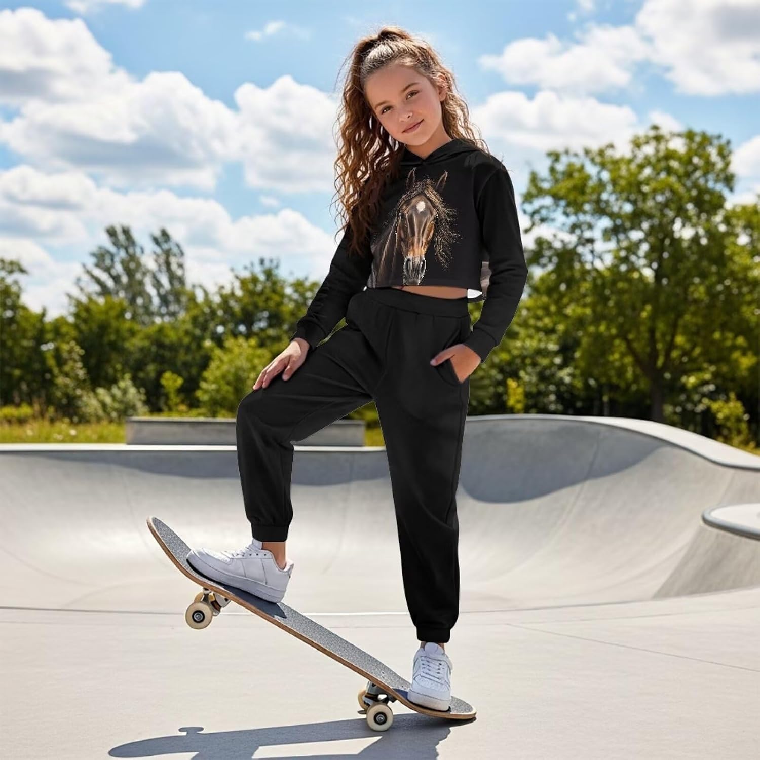 Renewold Kids Teens Crop Hoodie Sweatshirt Jogger Sweatpants 2 Piece Outfit Sweatsuits Set Girls Tracksuits Long Sleeve