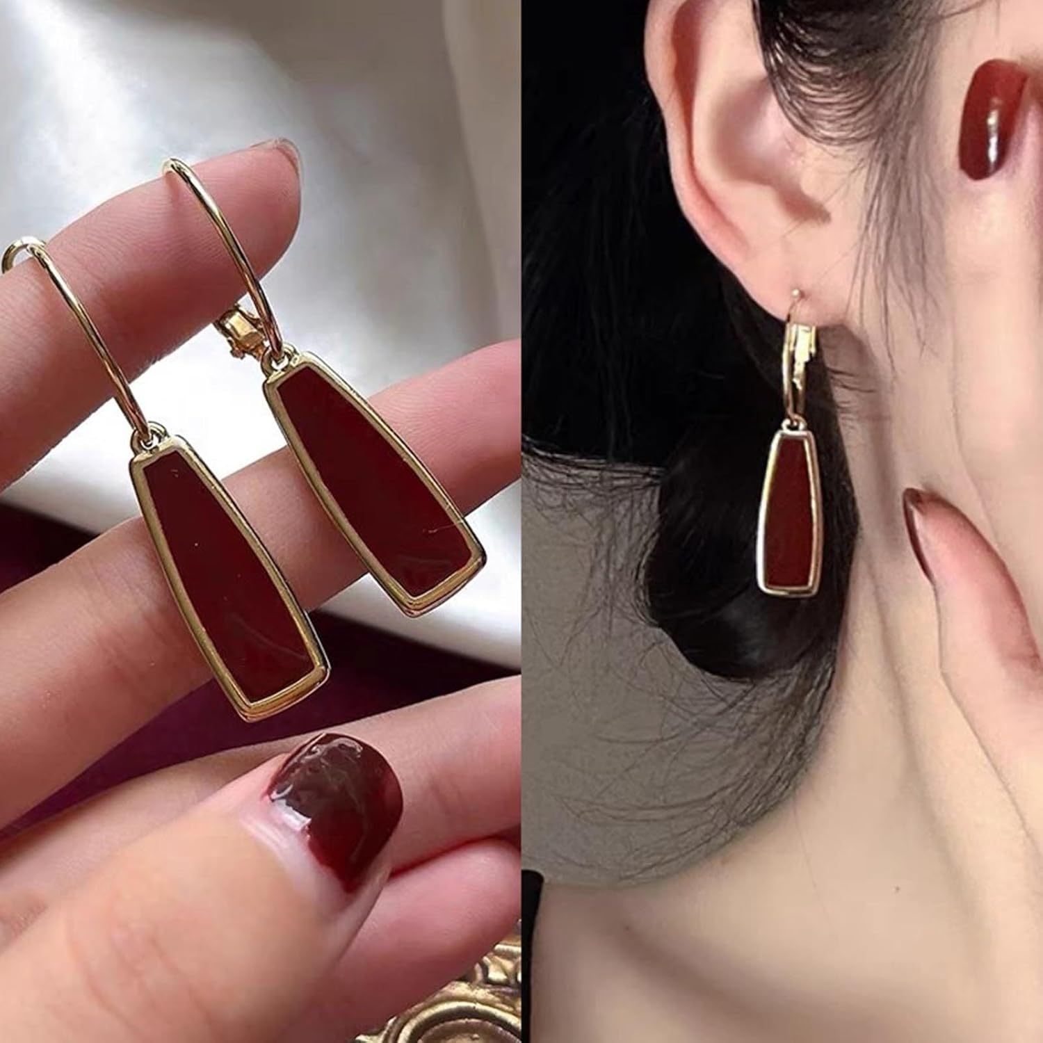 Vintage Enamel Burgundy Earrings Enamel Red Dangle Earrings Gold Burgundy Drop Earrings Acrylic Red Geometric Hoop Earrings Jewelry for Women - Image 5