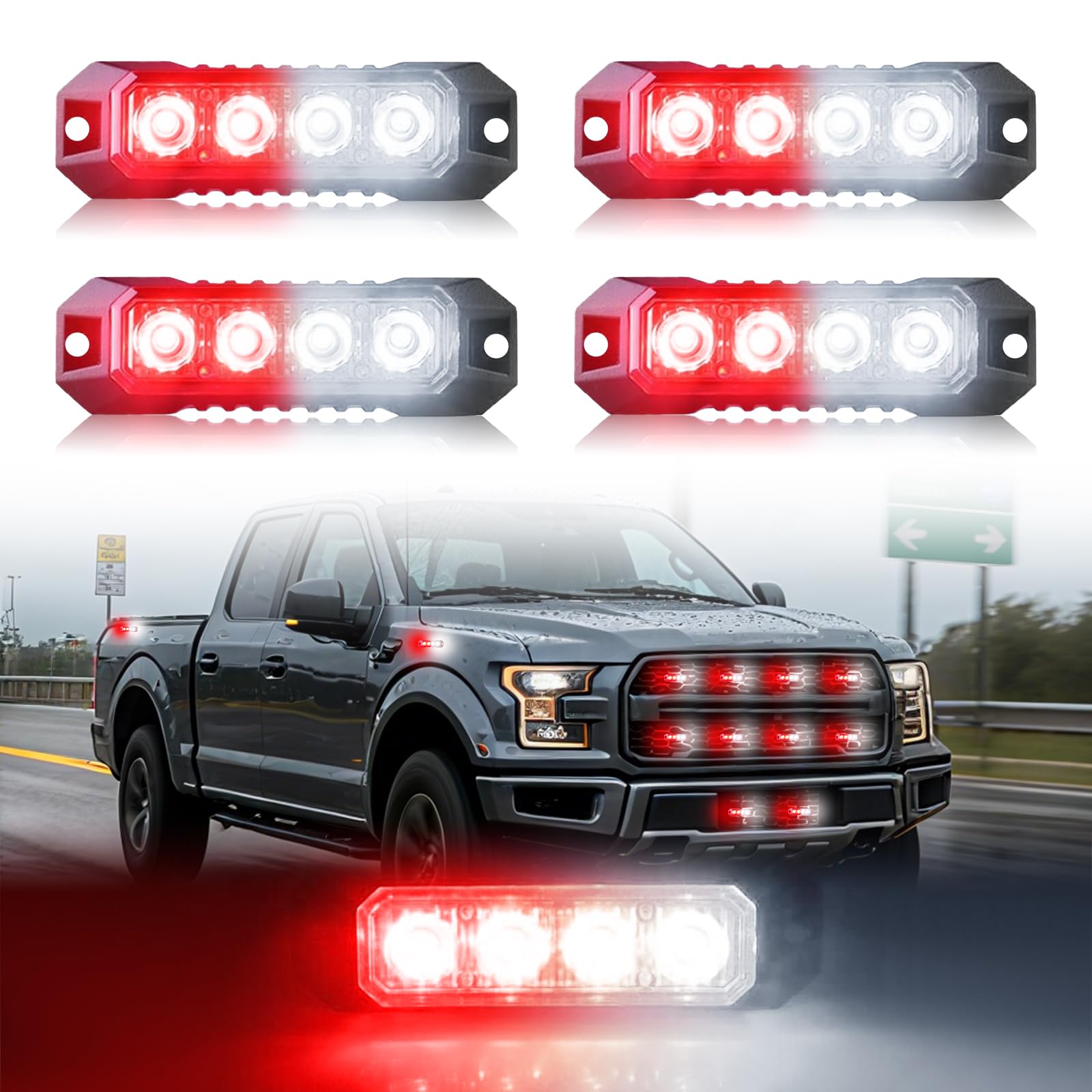 4-LED Ultra Slim Surface Mount Strobe Lights for Trucks Car Vehicle Mini Grille Flashing Light Head Emergency Hazard Warning Grill Lamp 4pcs Sync Feature (Red&White)