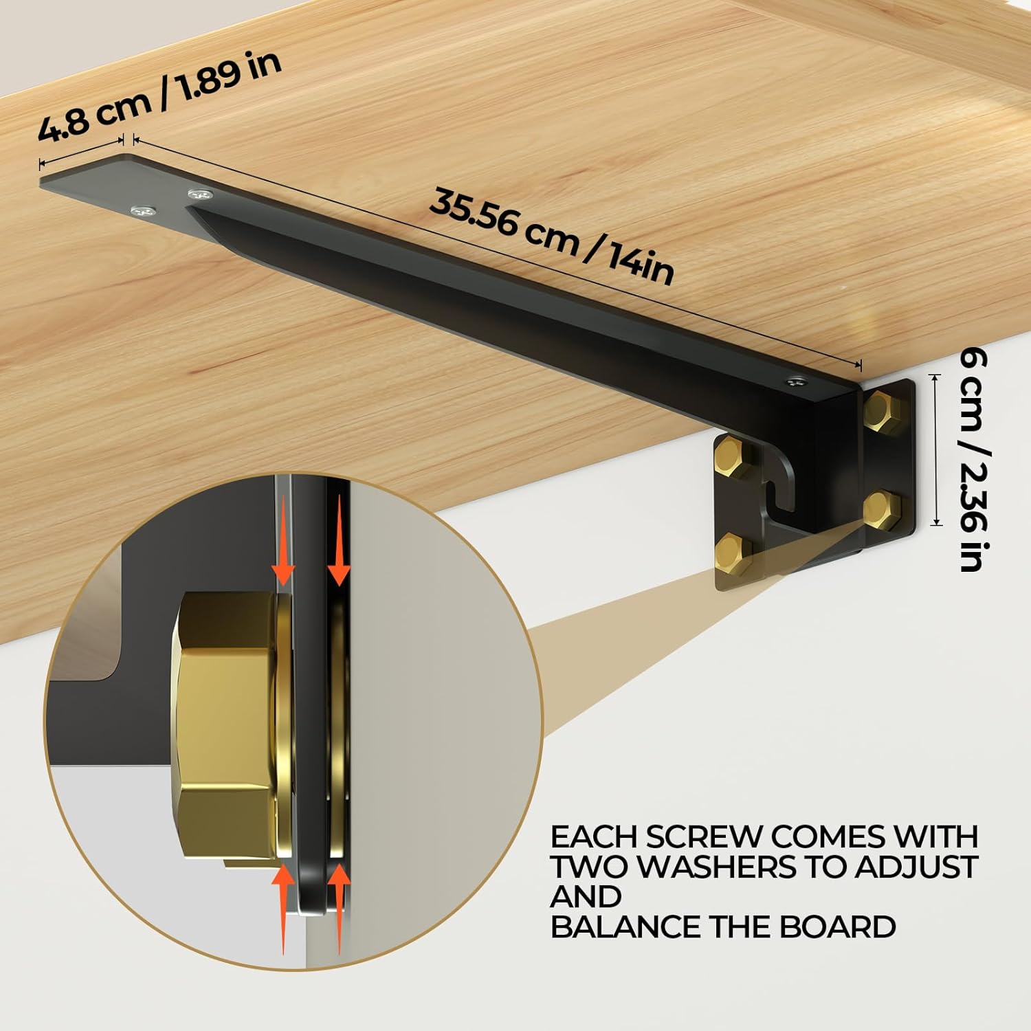 Heavy Duty Shelf Brackets 14 Inch, 1500 lbs Capacity, Hooks for Wall Mounted Shelves, L-Shaped Floating Shelf Brackets with Hanging (Black 4 Pack)