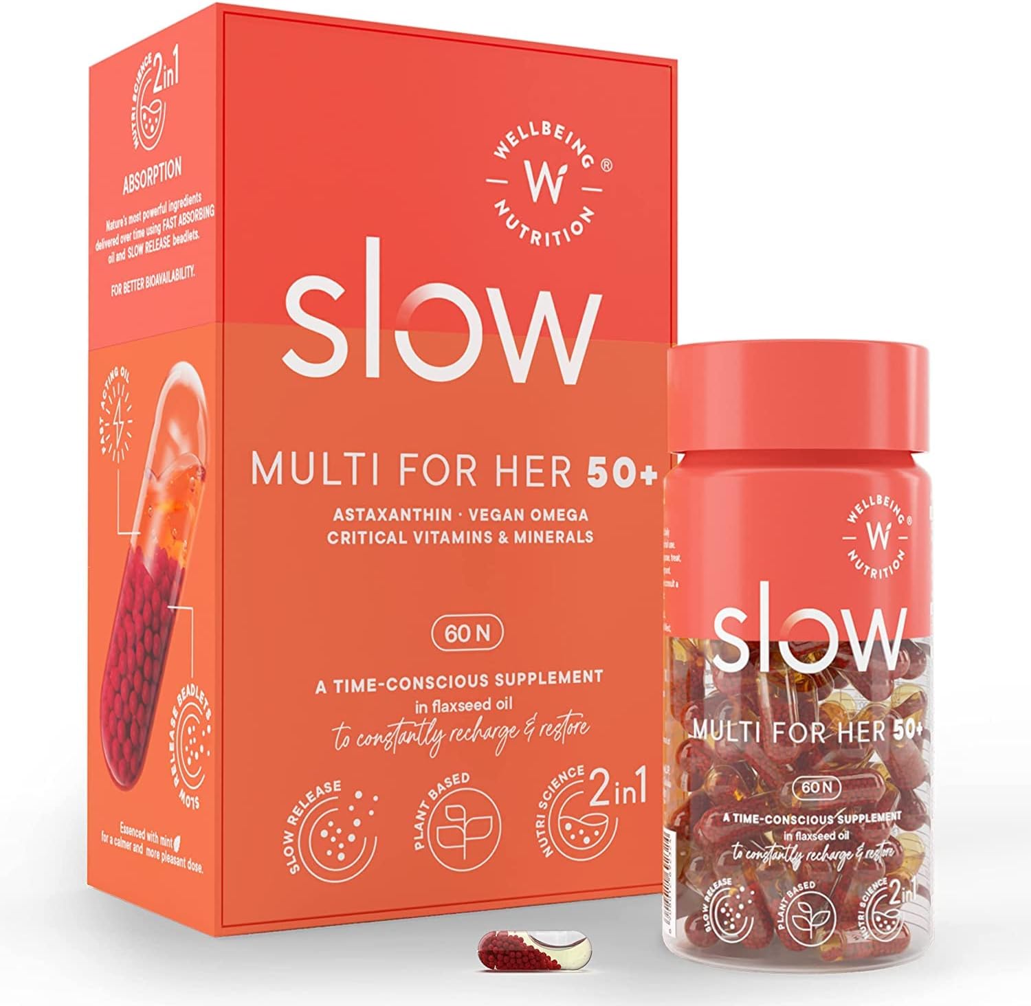 Green Velly WN Slow | Multivitamin for Women 50+ (60 Capsules) 100% RDA of 23 Vitamins & Minerals, Antioxidants|Astaxanthin & Vegan Omega 3 in Flaxseed Oil|Energy, Menopause, Bone, Beauty, Eye