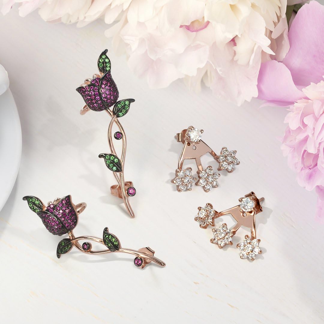 3D Wire Reddish Pink Cubic Zirconia Micro Pave Flower Red Rose Flower Helix Ear Pin Climber Crawler Cartilage Lobe Earrings For Women Teen Rose Gold Plated Brass