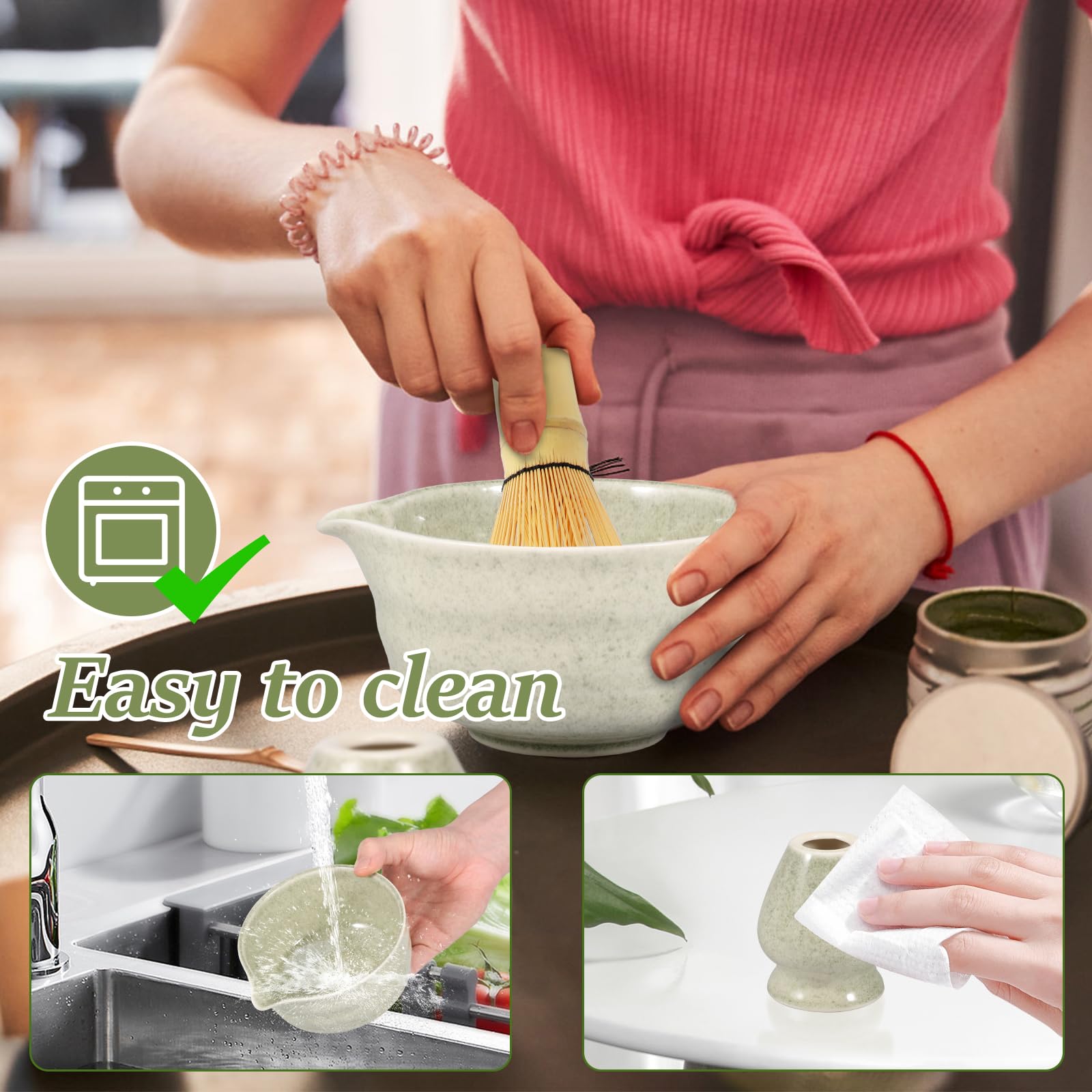 2 Teilige Japanische Matcha Schüssel aus Keramik mit Schneebesenhalter 500ML Chawan Einfach Liefert Schneebesen Teeschale, Chawan Matcha Teeschale für Anfänger DIY Liebhaber Starter(Matcha Grün)