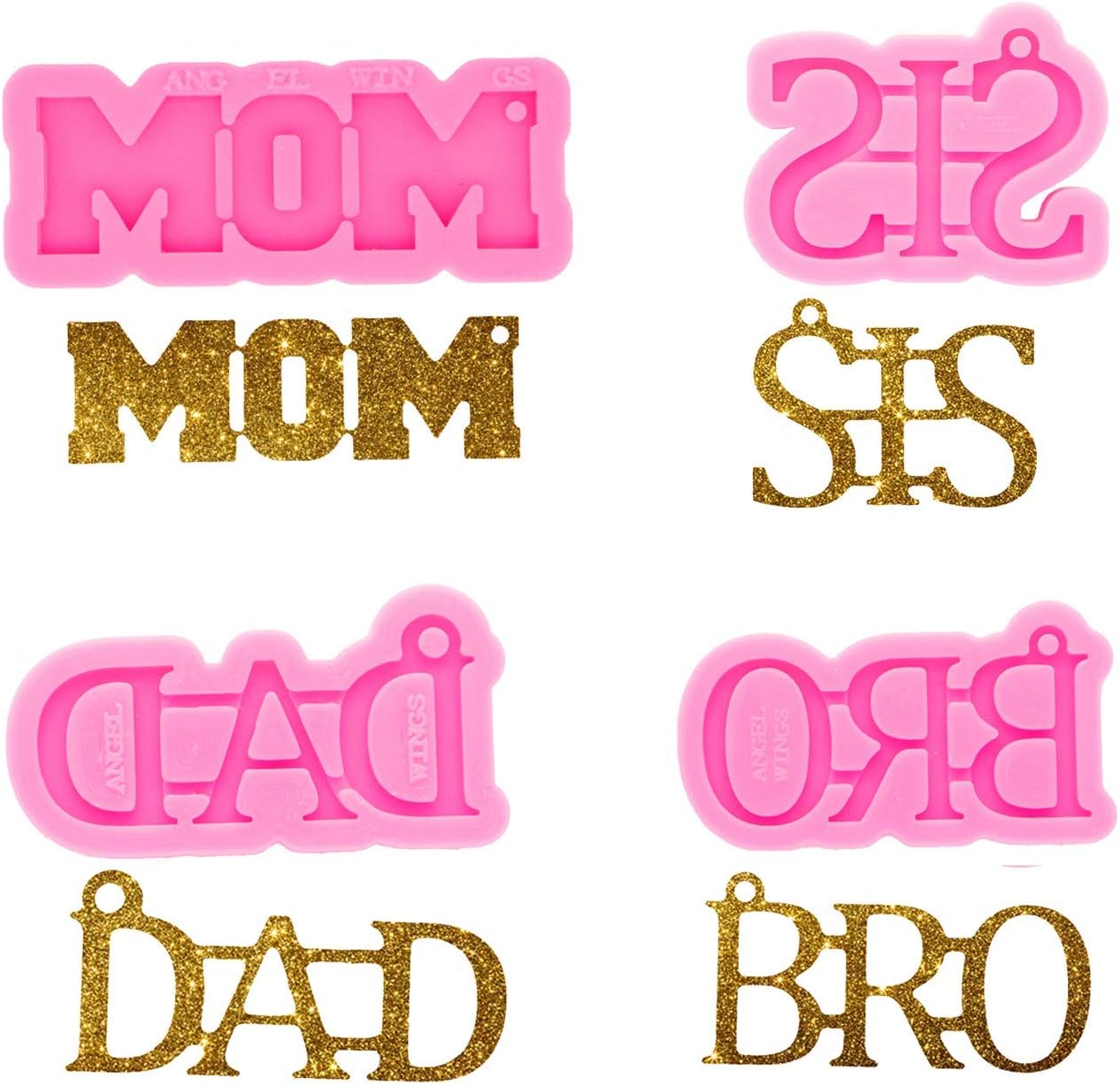 Shiny Glossy SIS, MOM, BRO and DAD Letter Style Keychain Mold Bundle Fashion Resin Silicone Mould Craft for DIY Pendant Necklace Charms Jewelry Making Tools Silicone Molds