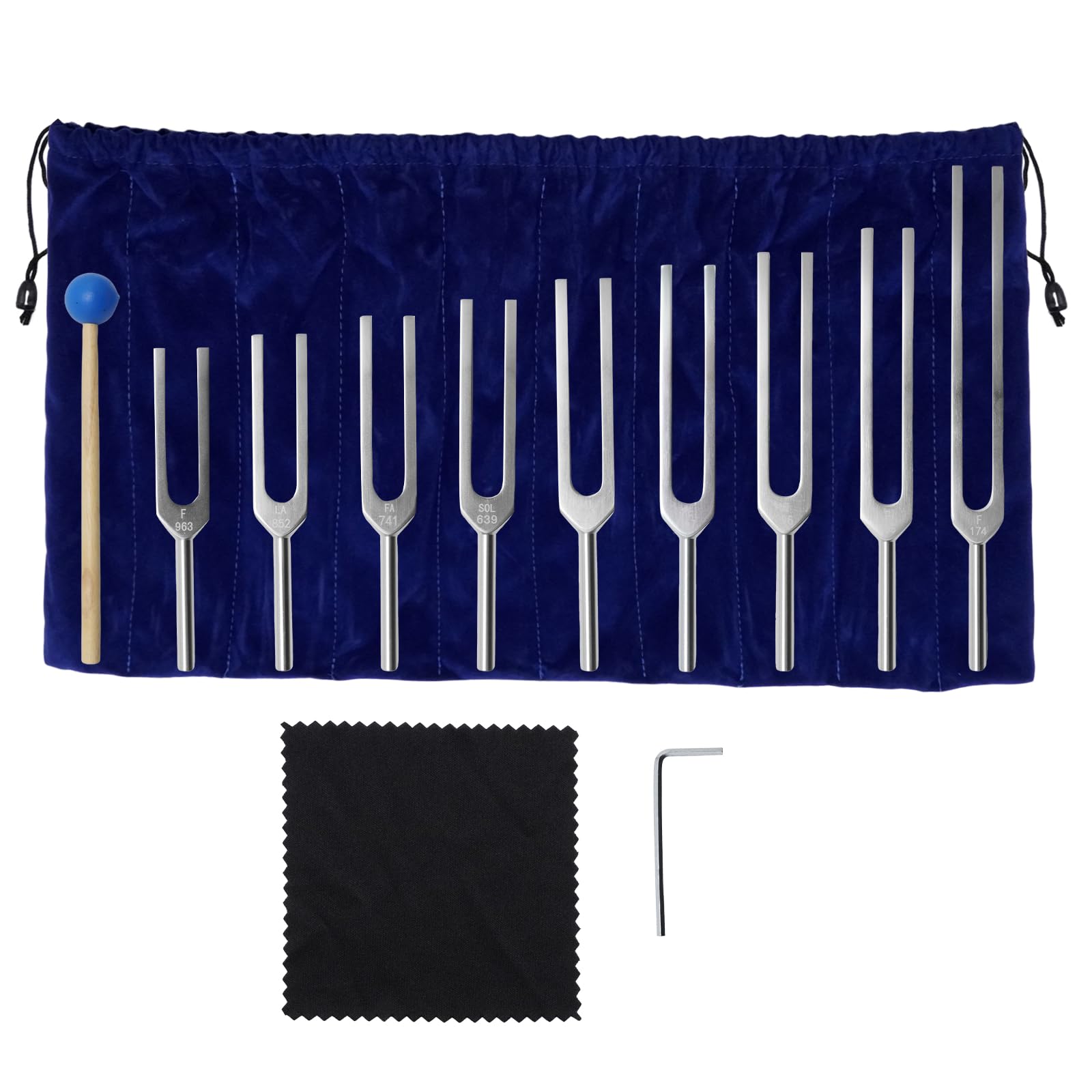 9 PCS Solfeggio Stimmgabel-Set, mit Silikonhammer und Aufbewahrungstasche, 174/285/396/417/528/639/741/852/963 Hz, geeignet für Therapie, Klangheilung und Medizinische Anwendungen