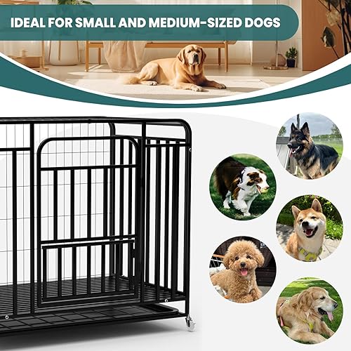 Miniatura 2 de 43.3 Inch Escape Proof Dog Cage for Medium Dogs, Heavy Duty Three-Door Dog Crate with Lockable Wheels and Removable Tray (43.3x29.5x35.4 in)