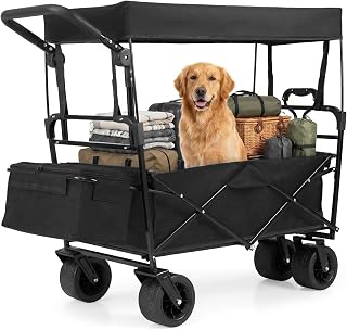 Goplus Collapsible Wagon with Removable Canopy, Folding Garden Cart with Adjustable Handles, Detachable Storage Bag & All-Terrain Wheels, Heavy Duty Outdoor Utility Cart for Camping Beach Shopping