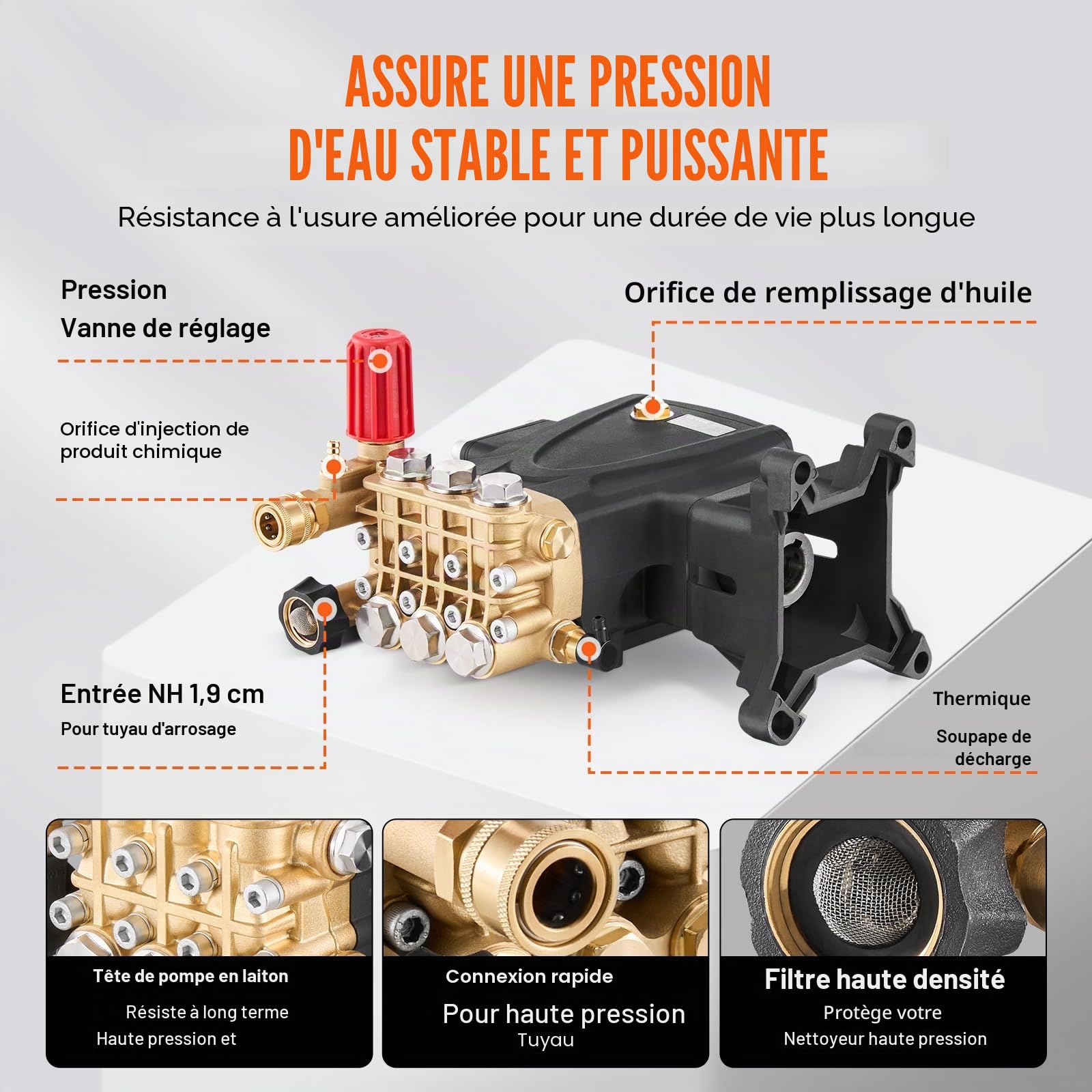VEVOR Pompe de nettoyeur haute pression, piston triplex horizontal à arbre 25,4 mm, 4000 PSI, 4,0 GPM, kit pompe de remplacement avec matériel, pour Simpson MorFlex 40224, 40225, 40226, Santoprene