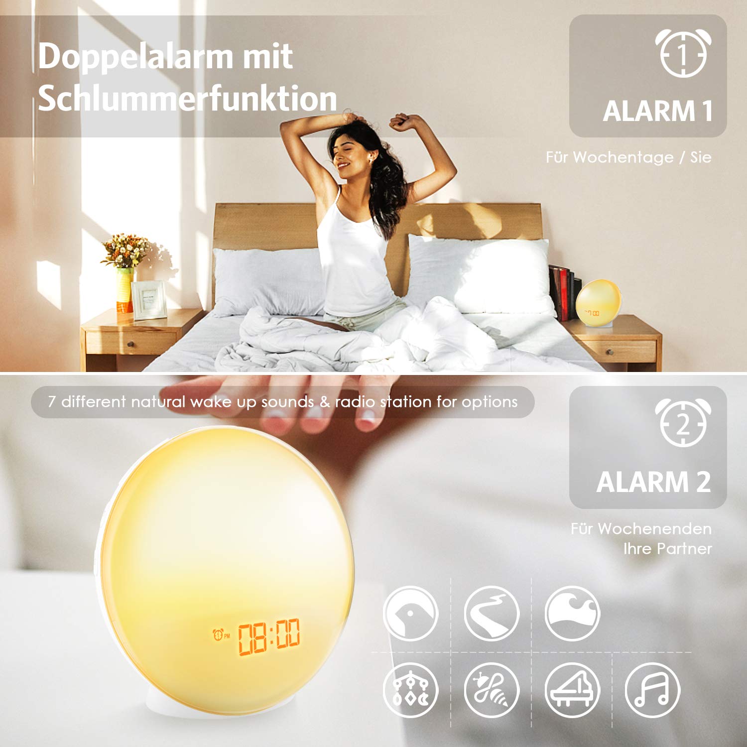Sveglia Alba Epochleno - Con Luce Simulazione Alba, Rumore Bianco, Timer E Luce Notturna, Legno