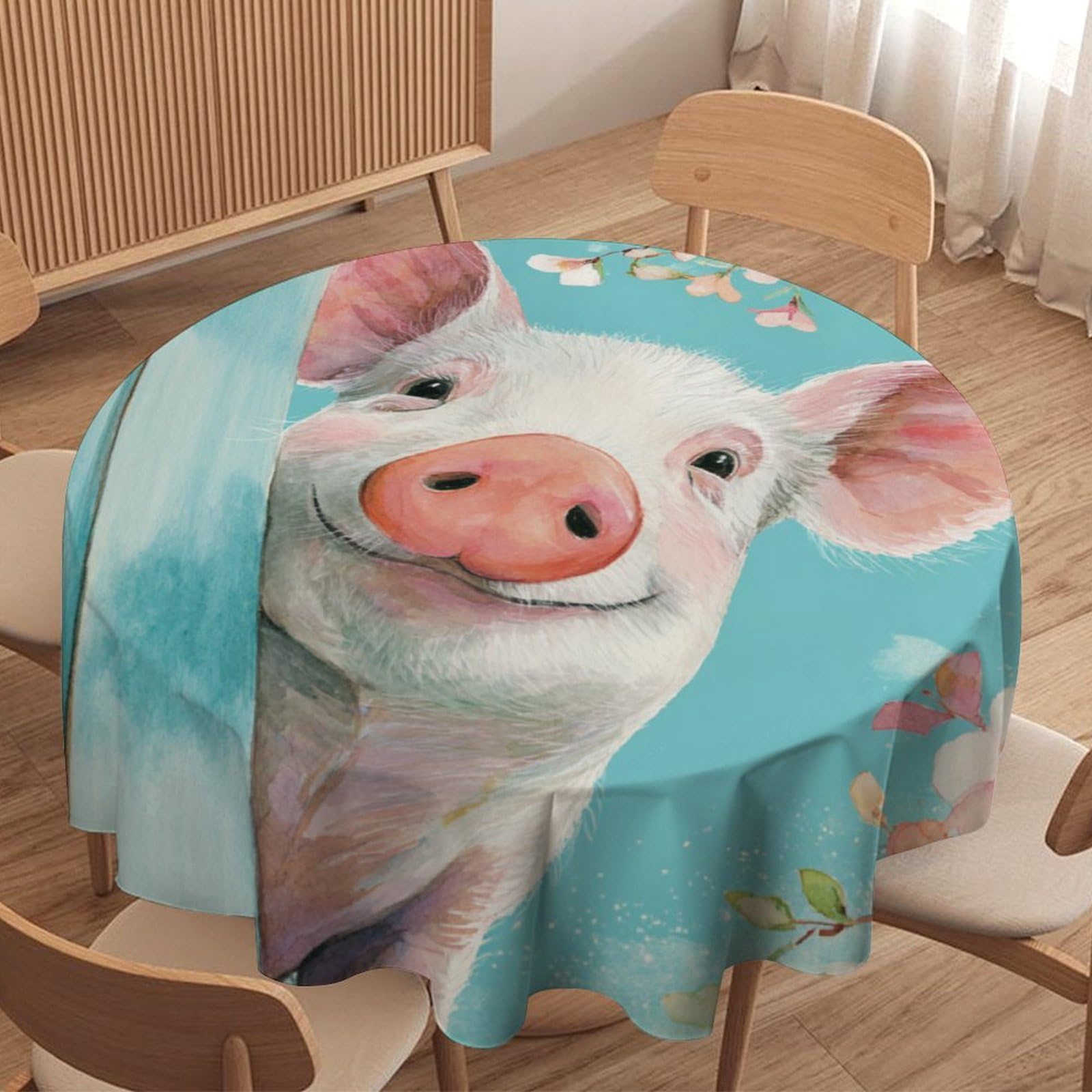 LUYYSKY Beautiful Classic Cute Pig Round Tablecloth Rustic Realistic Spring Barn Door Animals Pig Plants Flowers Pattern Washable Decor for Table Cover for Kitchen-91.4" Wx91.4 L cm