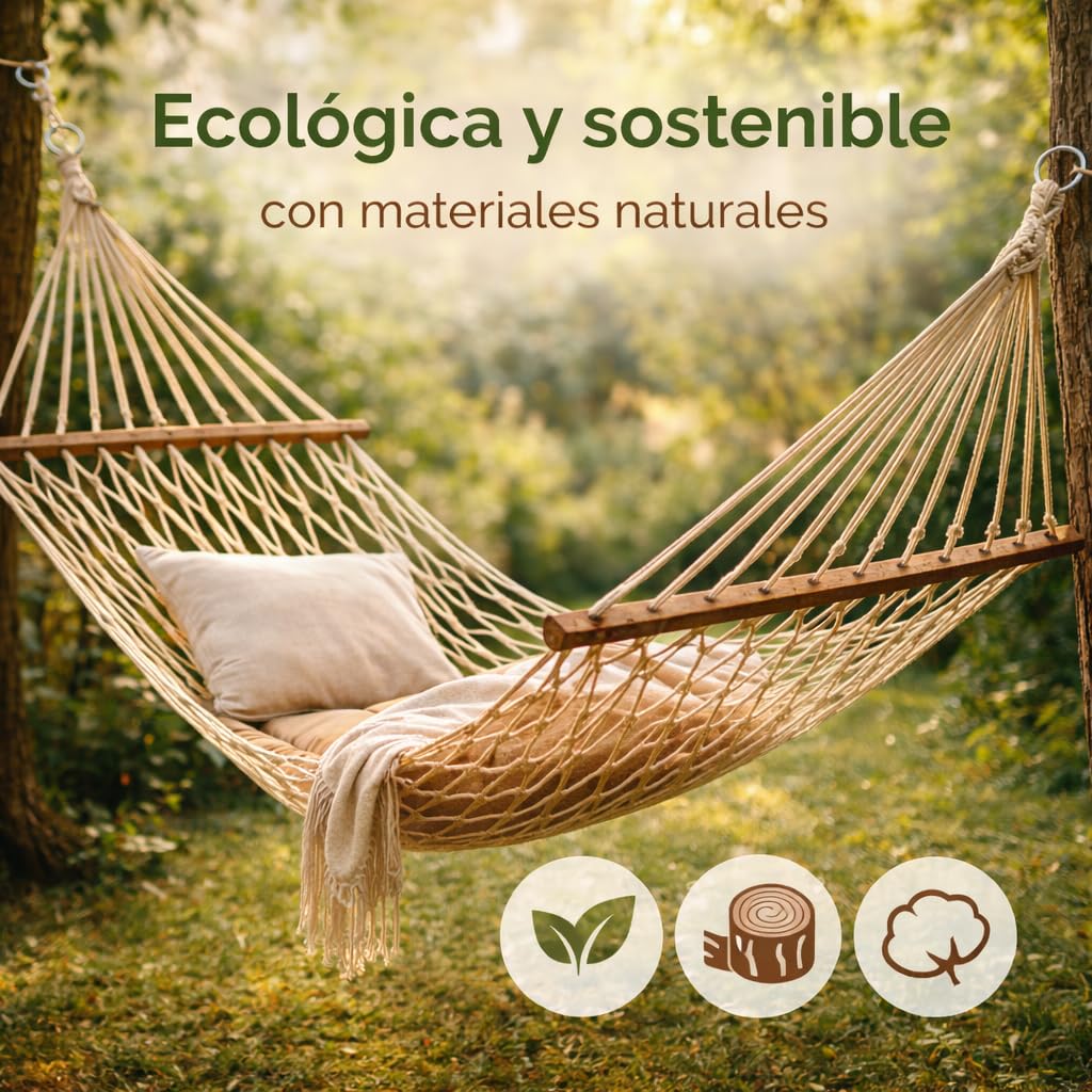 Hamaca Macramé de 270 x 80 cm (Zona Útil 190 x 80 cm) Hamaca de Red Estilo Boho para Jardín Terraza Interior Camping Campers o Caravanas Bolsa de Transporte incluida