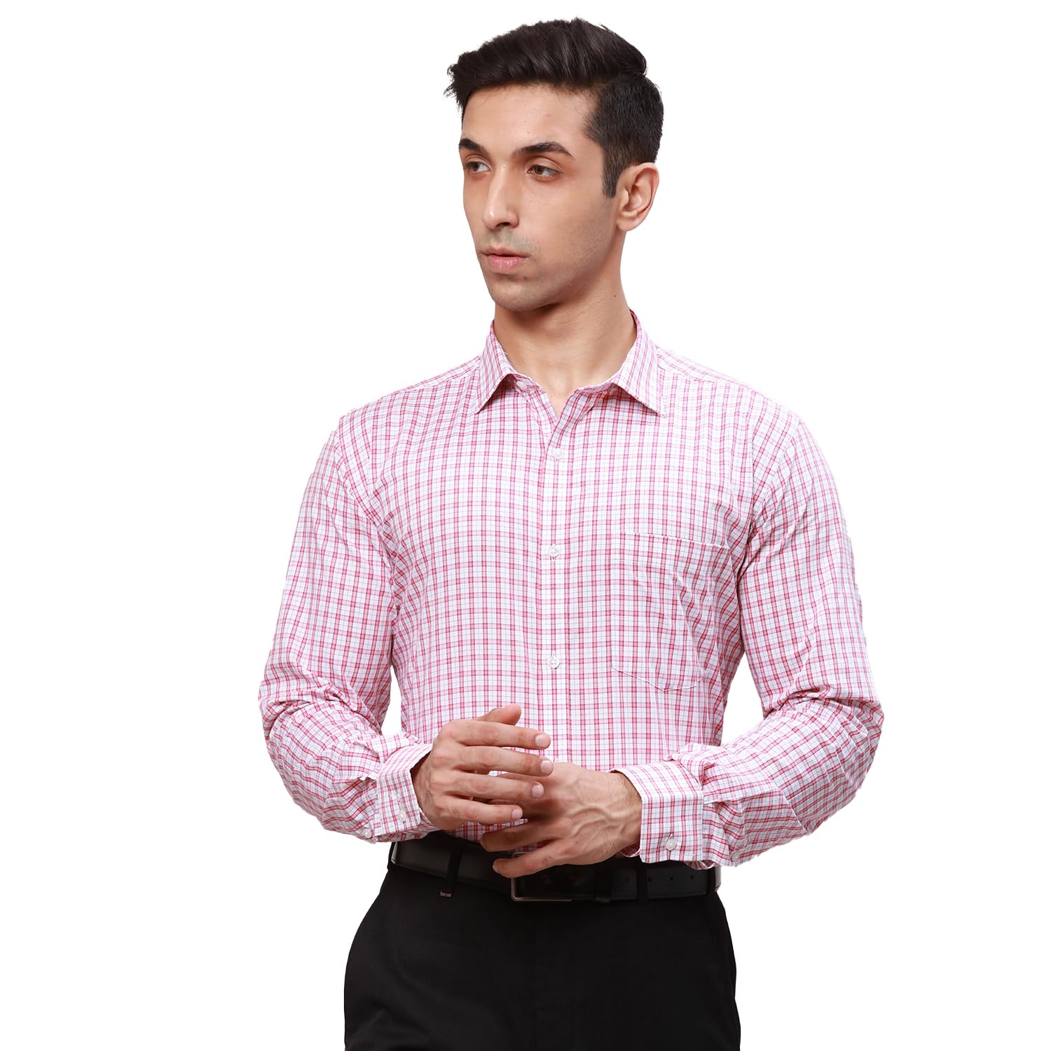 park avenue Men's Pure Cotton Checks Pattern Slim Fit Semi Cutaway Collar Full Sleeve Formal Shirt-picture-15