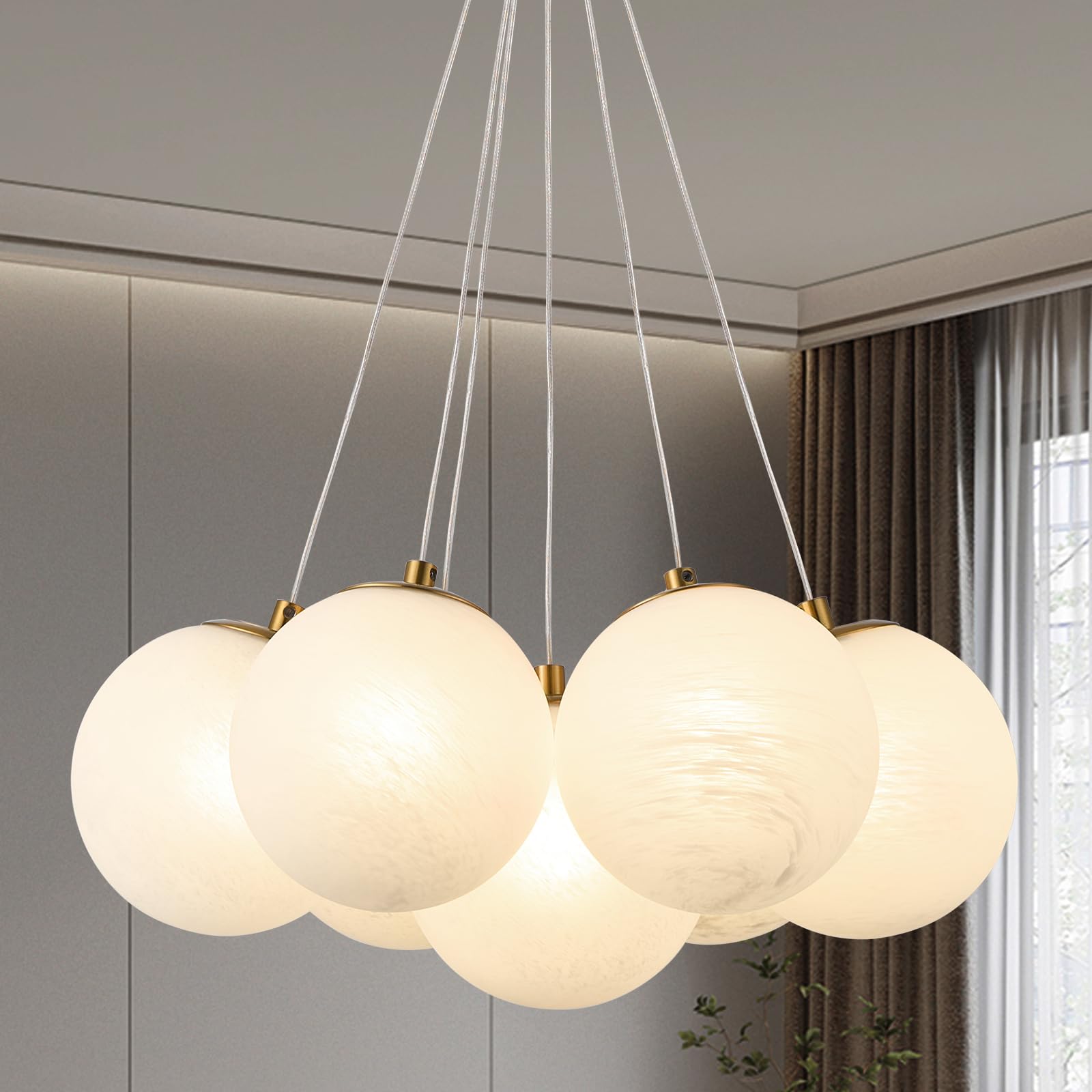 mid century bubble chandelier, 7-light milk white glass globe chandelier lighting, dual-use pendant ceiling light fixture with rod for dining room living room kitchen island(g9 bulbs included)