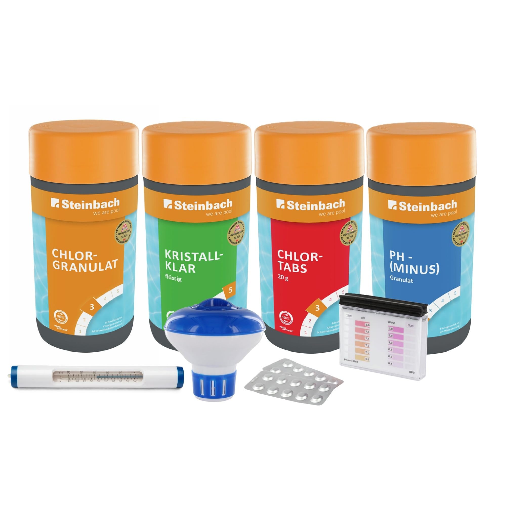 STEINBACH | Wasserpflege Set Classic XL I Pool Chlor Starterset für Einsteiger I Mini-Multitabs, Kristallklar, Dosierschwimmer, Testkit, pH-Senker & Chlorgranulat | Pool-Zubehör-Set für Anfänger