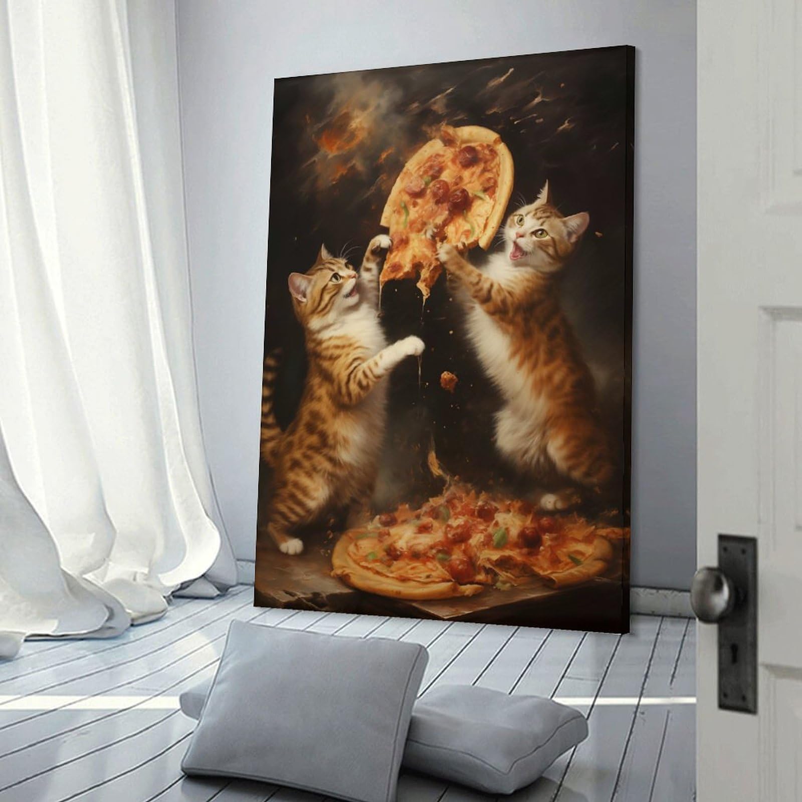 Junmoney Canvas Wall Decor Kitten Pizza Wars, 24x36inch(60x90cm), for Bedroom Decor, Cosy Corners Or Studios, Decorative Wall Art for Cosy Rooms