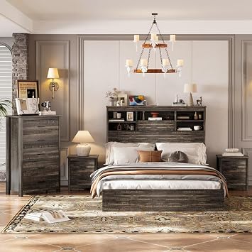 JIJIWANG 4PCS Bedroom Sets, Wooden Queen Size Bed Frame with Storage Headboard and Charging Station, 2 Nightstands with 2 Drawers, 1 Dresser with 5 Drawers, MDF Slats Support, Noiseless, Antique Gray
