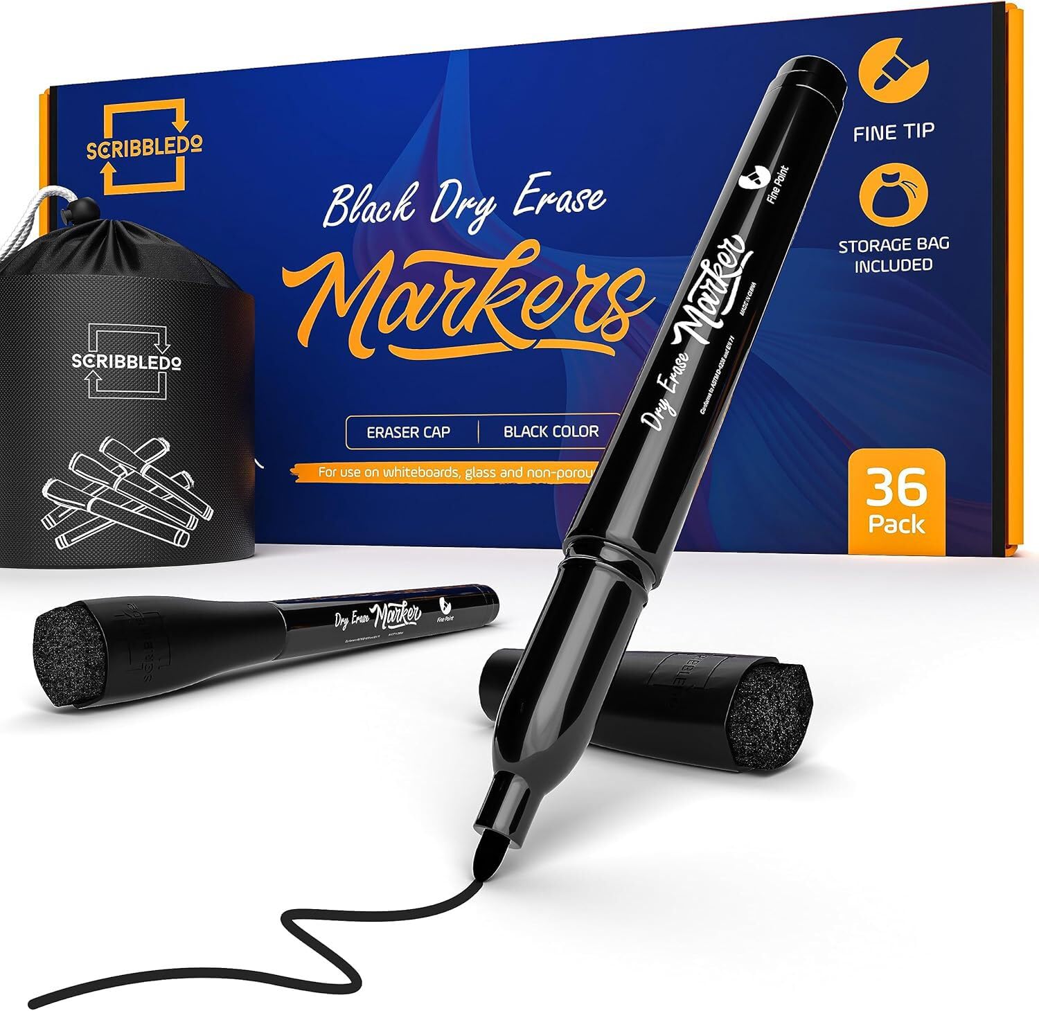 Scribbledo Whiteboard-Marker mit feiner Spitze, mit Radiergummi, dünn, geruchsarm, für Kinder, Erwachsene, Studenten, Lehrer, Zuhause, Schule und Büro, 36 Stück