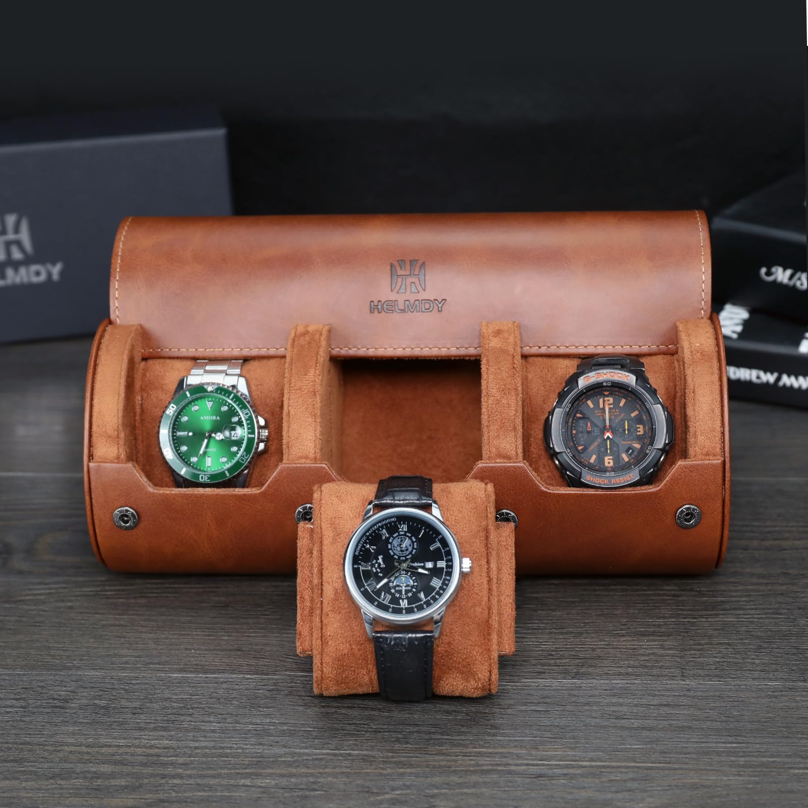 Étui de voyage pour montres homme et femme : rouleau de voyage pour 3 montres – Boîte de rangement et présentoir pour montres et montres intelligentes jusqu'à 50 mm (marron)