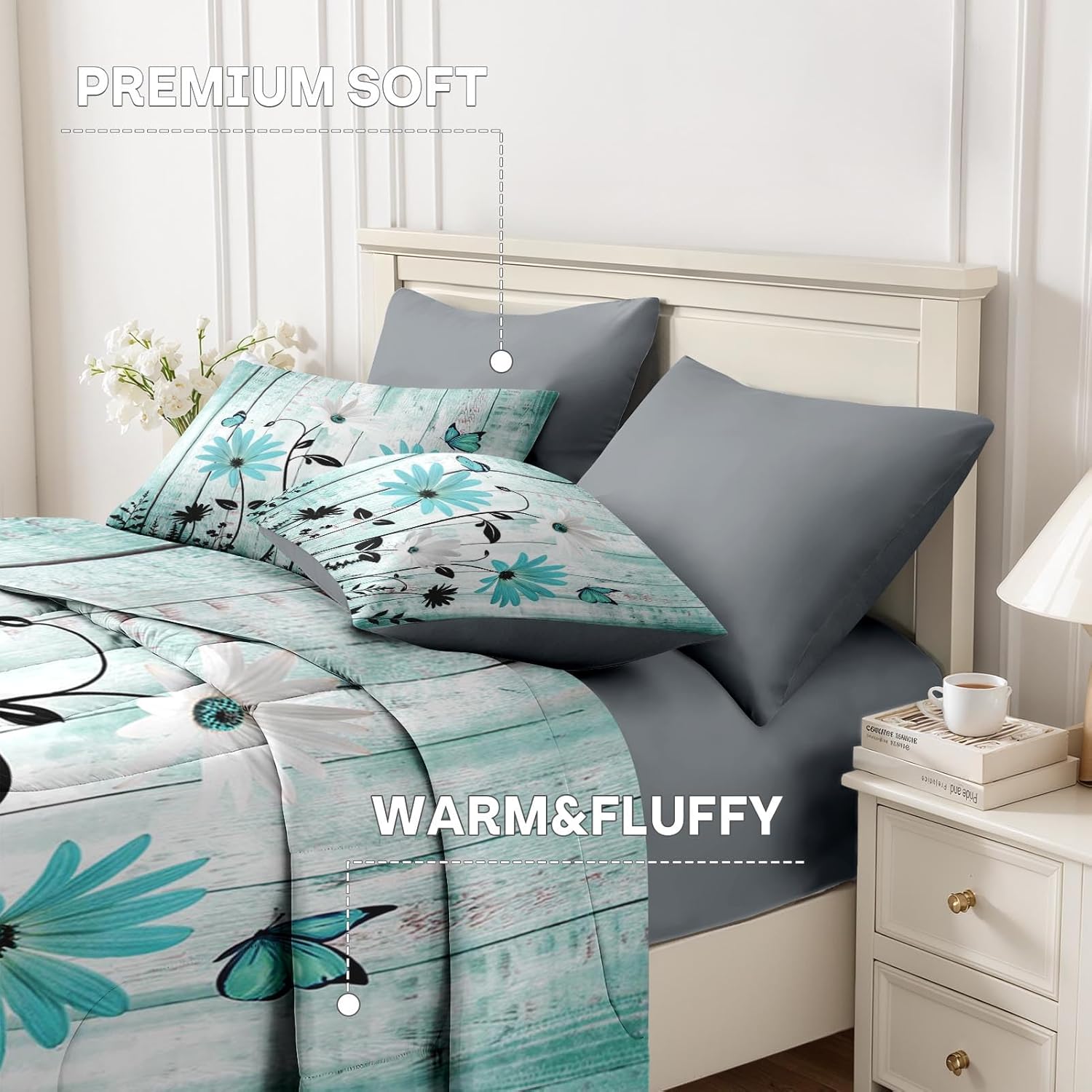 Nesker Comforter Set Queen Size, Turquoise Teal Daisy 7 Pcs Bedding for Kids and Adults, Botanical Floral Modern Bed Sheet Sets with Fitted Sheet 2 Pillowcases & 2 Shams - Image 5