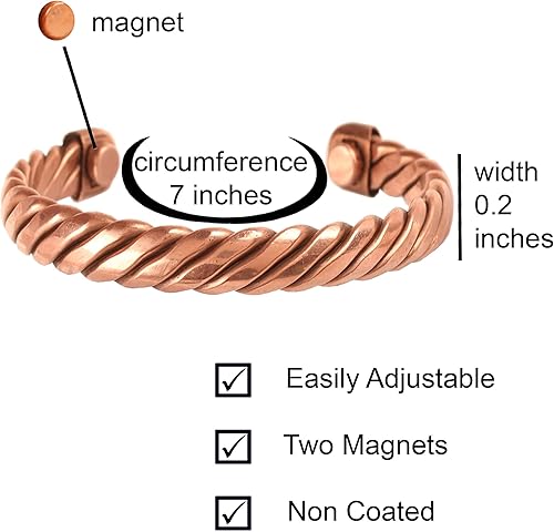 Miniatura 3 de Touchstone Pulsera magnética de cobre estilo tibetano. Forjado a mano con cobre puro sólido y de alto calibre. Aspecto de cuerda trenzada.