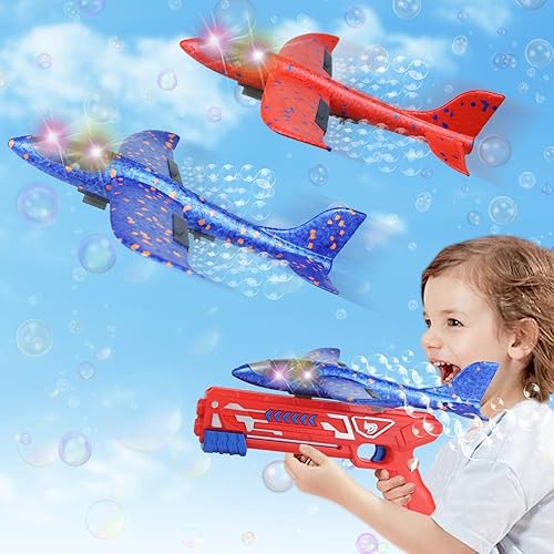 Paquete de 2 juguetes de lanzamiento de aviones de burbujas, aviones de espuma LED F-49 de 10.5 pulgadas para niños al aire libre, avión, juguete
