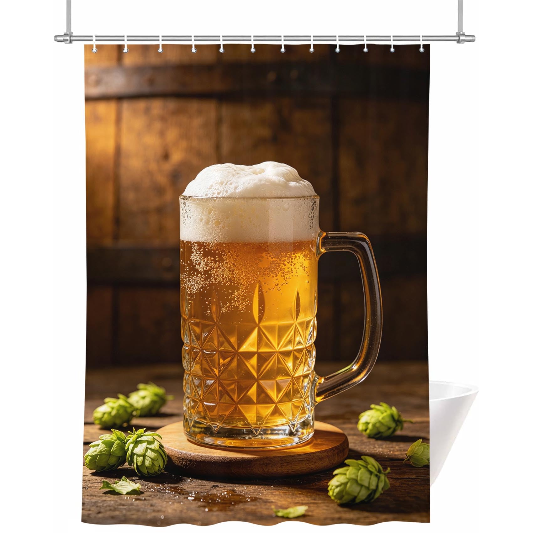 Rideau de douche 200x200 cm chope de bière anti-moisissure pour baignoire rigolote