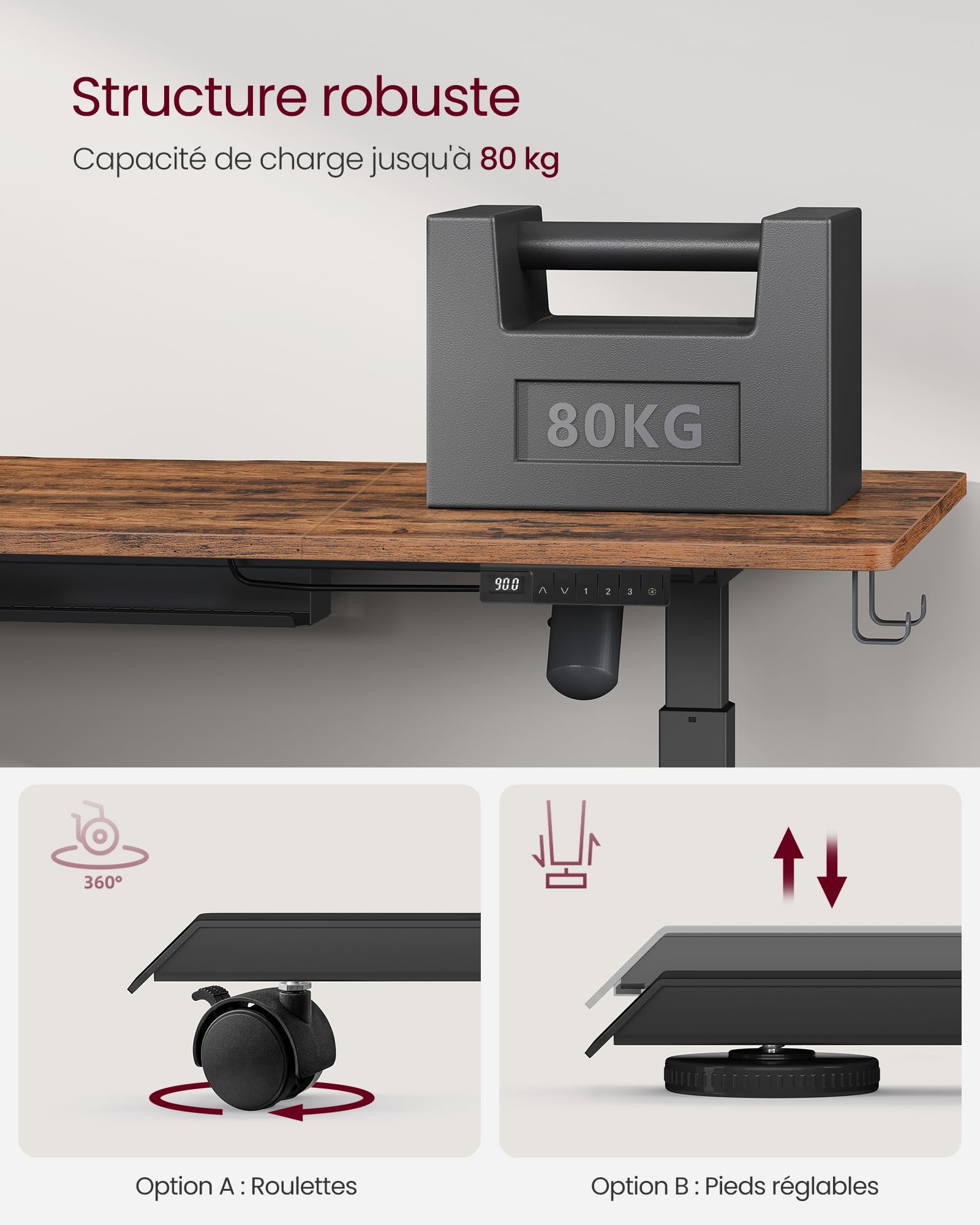 VASAGLE Bureau Assis-Debout, Bureau Électrique Réglable en Hauteur, 60 x 120 x (72-120) cm, Réglage en Continu, Fonction Mémoire 4 Hauteurs, Marron Rustique LSD172X01V01