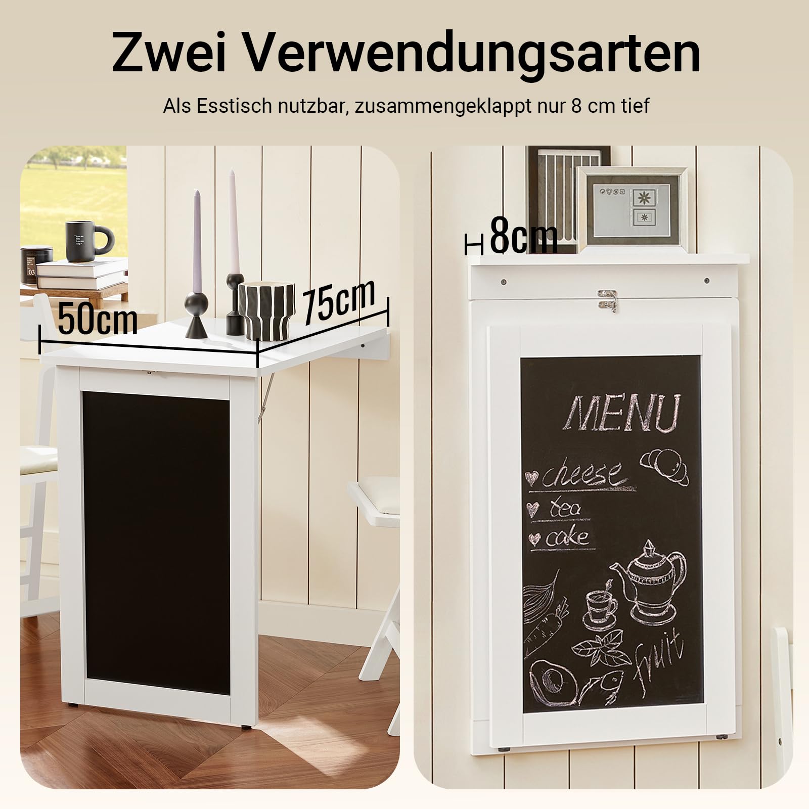 SoBuy Wandklapptisch mit Drop-Leaf Klappbarer Esstisch mit Memo-Board Platzsparender Klapptisch für Küche, Büro und kleine Räume Weiß 50cm x 75cm x 76cm FWT20-W