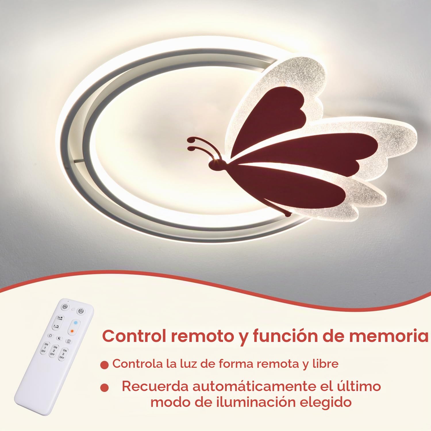 Lámpara de Techo LED Mariposa 48W Regulable con Mando, 4800lm, 3000–6500K, Luz Nocturna, Temporizador, Memoria, Lámpara Moderna para Dormitorio y Habitación Infantil, 47×40cm, Metal