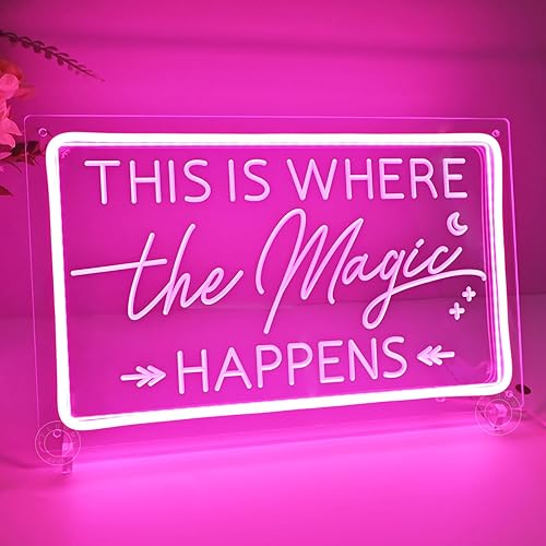 Miniatura 4 de SYLHOME Letrero de luz LED de neón rosa con texto en inglés "This Is Where The Magic Happens", para boda, cumpleaños, compromiso, despedida de