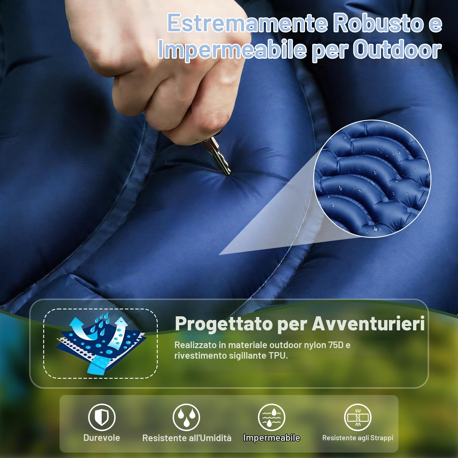 Materassino da campeggio, gonfiabile, per 2 persone, gonfiabile, per esterni, con pompa a piedi, compatto, ultraleggero, impermeabile, per escursioni, spiaggia, tenda