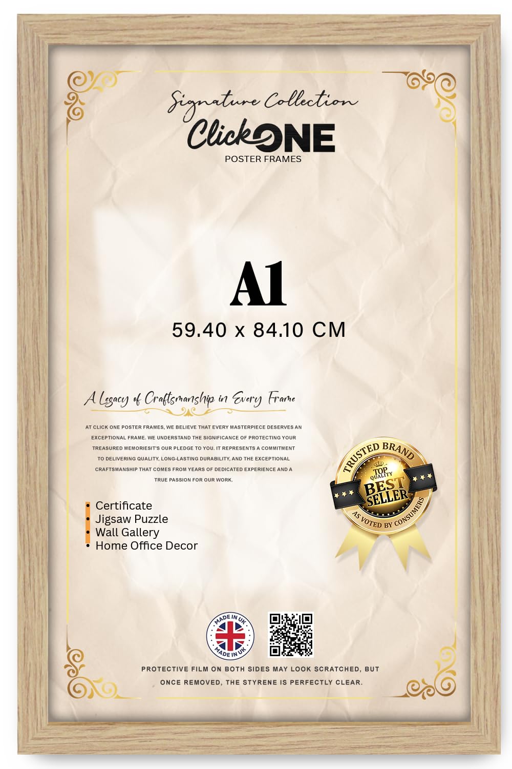Click One | Stunning Flat Rectangle Poster Frame A1 (59.40 X 84.10 CM) — Engineered Wood, Horizontal Or Vertical Mounting, Wall Display, Versatile Options, 33 X 23 Inch, Oak — Easy Installation