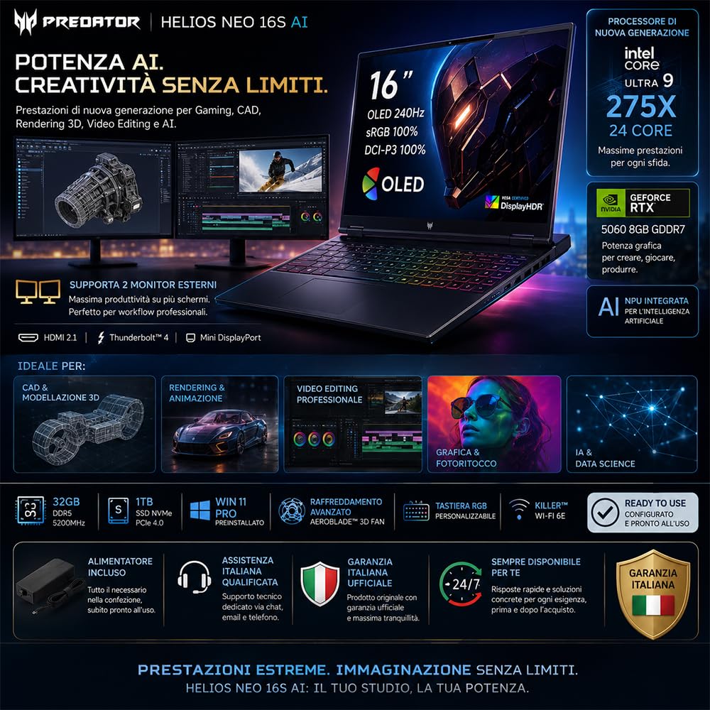 Acer Predator Helios Neo 16s Ai Ultraslim Oled 240Hz Limited Edition | Intel Ultra 9-275HX 24core, RAM DDR5 32GB, SSD 1TB, 16" DCI-P3 100%, GeForce RTX 5060 8Gb, thunderbolt, Ready To Use