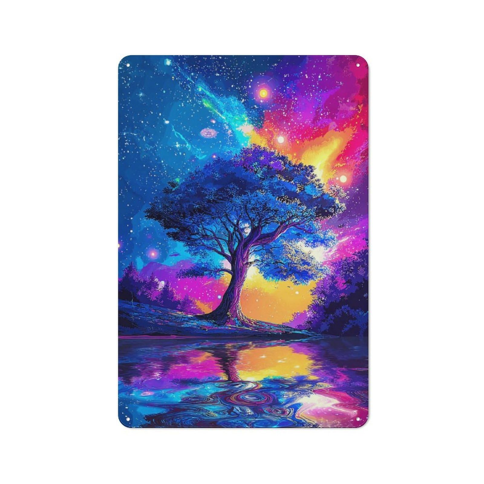 Junmoney Galactic Reflection Cosmic Tree Serenity 30X20cm Retro-Style Tin Sign With For Café Or Restaurant, Winter Wall Decor For Hospitality Interior Collectors