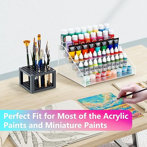 Miniatura 3 de ARFETIGO Organizador de pintura acrílica de 6 capas y soporte para pinceles de pintura, diseño a presión, fácil montaje, estante protector de