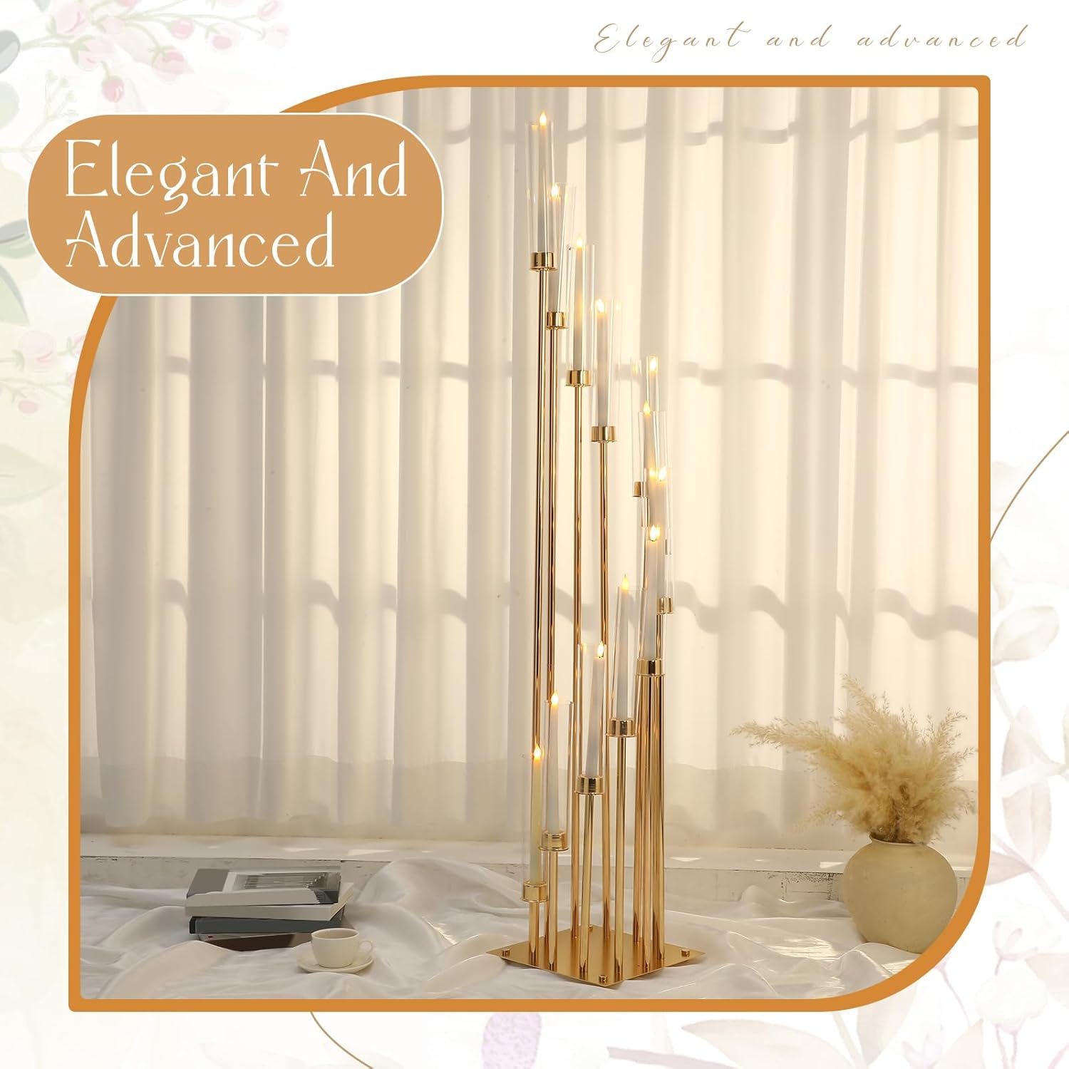 Dandat 2 Pcs 12 Arm Wedding Candelabras Candle Holder 57.5 Inch Tall Cluster Centerpieces Floor Candelabra Standing with Clear Acrylic Electronic Candle Shades for Birdal Shower Party Favors(Gold)