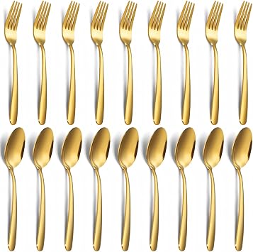 Unokit 24-Piece Spoons and Forks Set Silverware Set - Forks and Spoons Stainless Steel Silverware for Home, Kitchen and Restaurant, 12-Fork and 12-Spoon, Mirror Polished & Dishwasher Safe, Gold