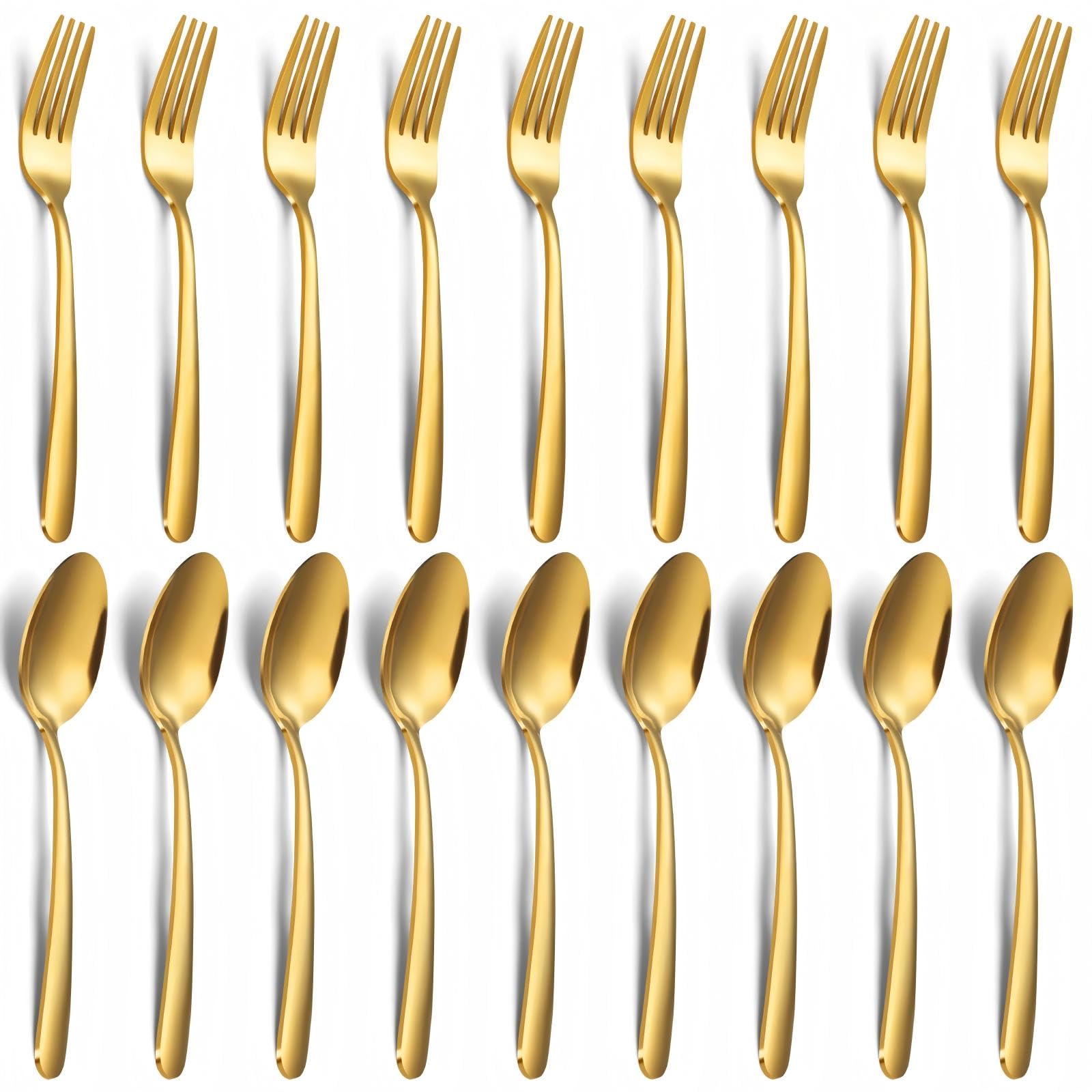 Unokit 24-Piece Spoons and Forks Set Silverware Set - Forks and Spoons Stainless Steel Silverware for Home, Kitchen and Restaurant, 12-Fork and 12-Spoon, Mirror Polished &amp; Dishwasher Safe, Gold